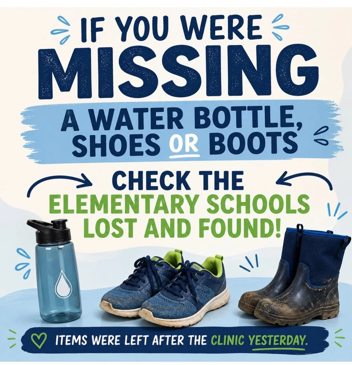 🧢👟 Missing something after the clinic? 👟🧢

We had a few items left behind after yesterday&rsquo;s clinic, including water bottles, shoes, and boots.

If you or your player is missing anything, please take a moment to check the Elementary School&r