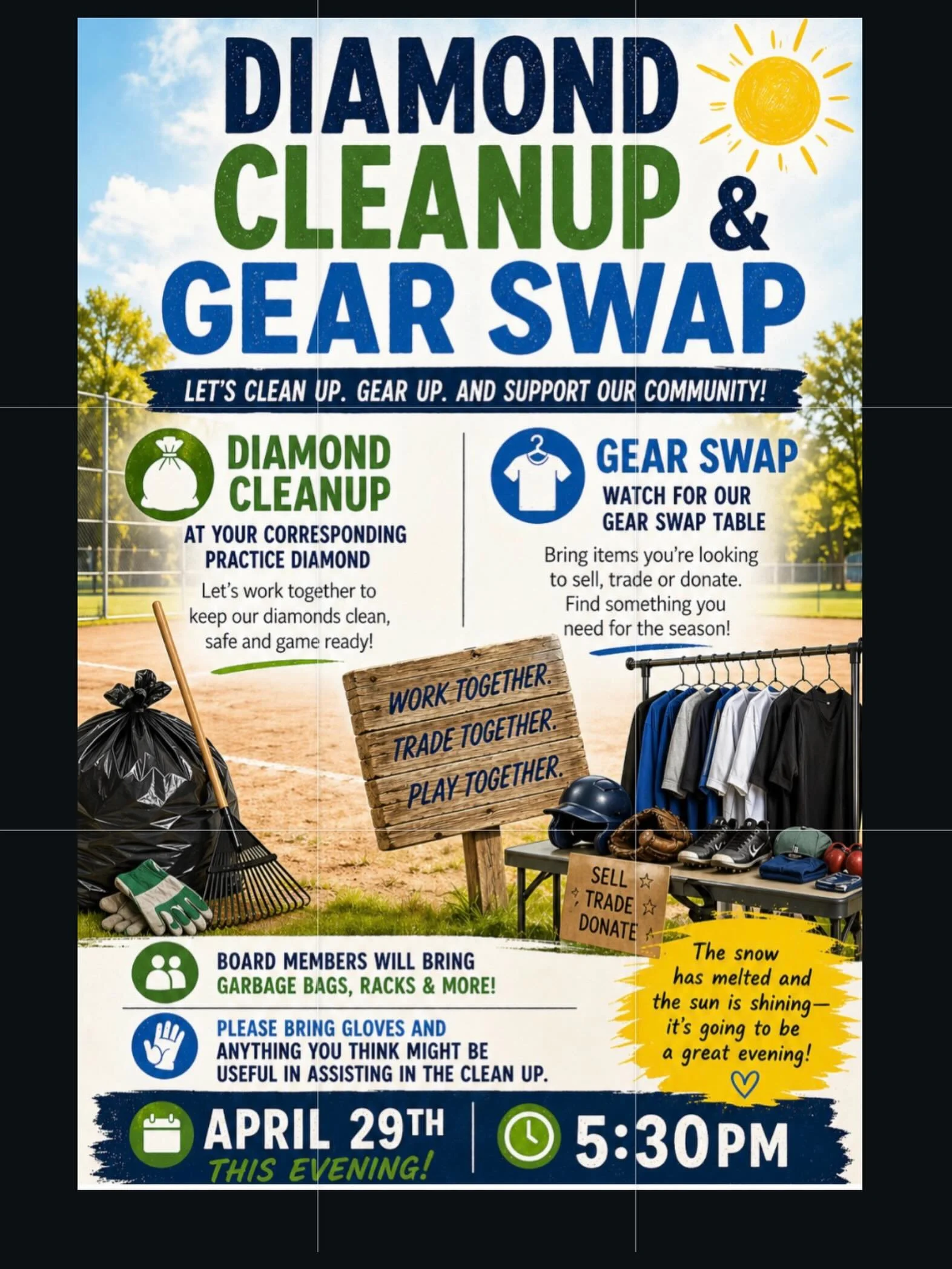 ⚾️ Diamond Cleanup &amp; Gear Swap &ndash; TONIGHT! ⚾️

The snow has melted, the sun is shining, and it&rsquo;s shaping up to be a great evening to get back out at the diamonds! ☀️

Join us tonight at 5:30 PM for our Bentley Minor Ball Diamond Cleanu