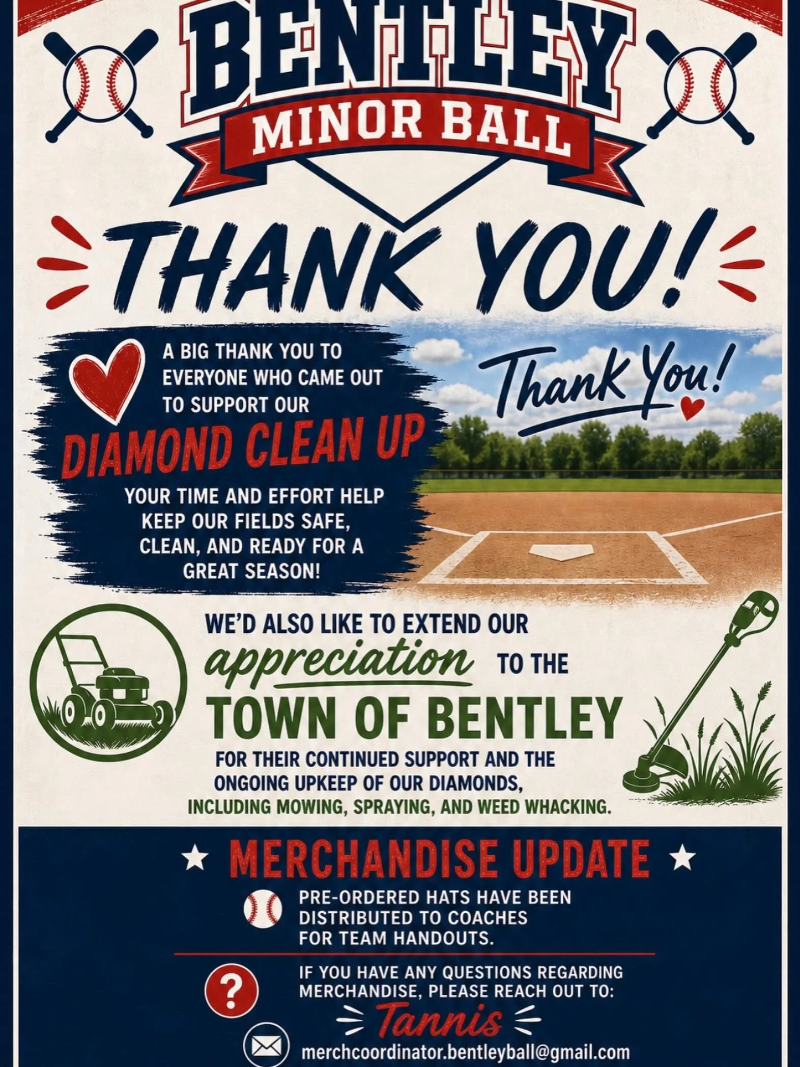 BENTLEY MINOR BALL THANKS YOU! ⚾
For supporting our Diamond Clean Up

A big thank you to everyone who came out to support our Diamond Clean Up &mdash; your time and effort help keep our fields safe, clean, and ready for a great season!
We&rsquo;d als