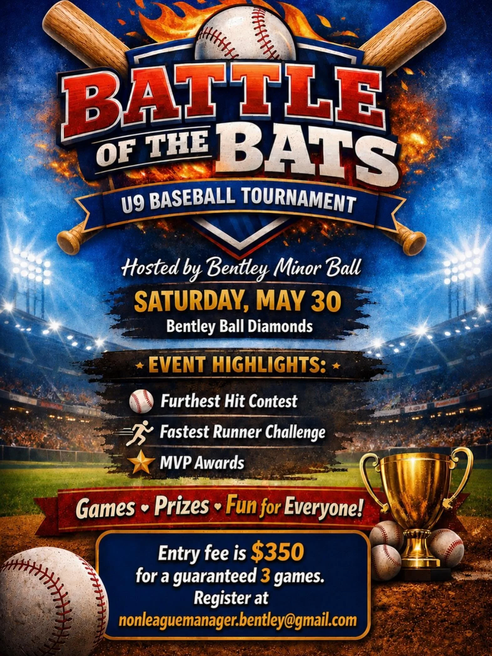 ⚾️ BATTLE OF THE BATS ⚾️

Bentley Minor Ball is excited to host our U9 Baseball Tournament on Saturday, May 30th at the Bentley Ball Diamonds!

We&rsquo;re calling on our surrounding communities and associations to put in a team and join us for a fun
