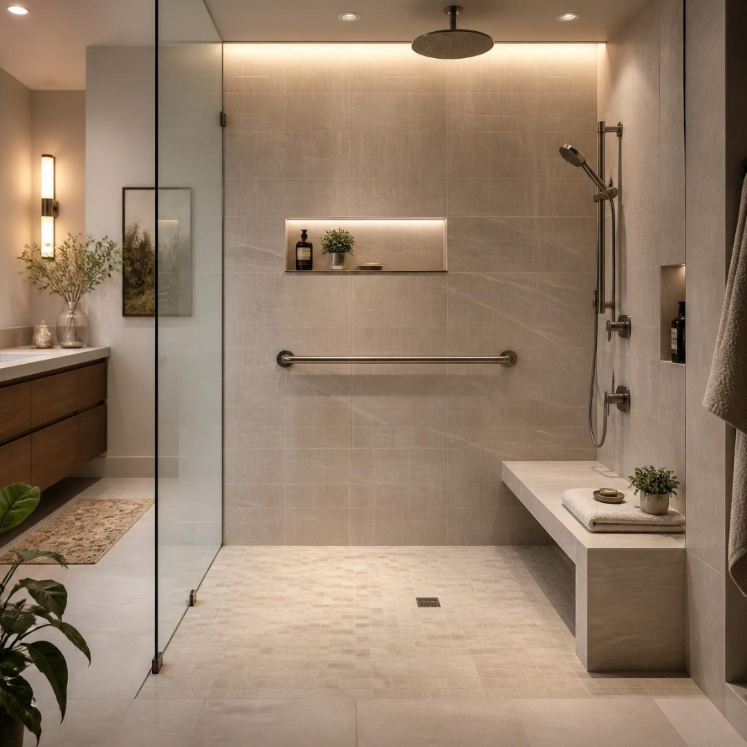 Modern accessible bathroom with a curbless walk-in shower, built-in bench, grab bar and handheld showerhead.