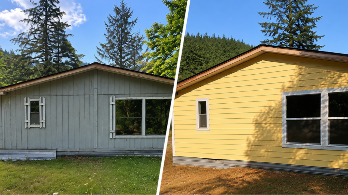 A side-by-side comparison of a house before and after installing new siding. The left side shows a house with weathered gray siding, and the right side shows the same house with new siding and windows.