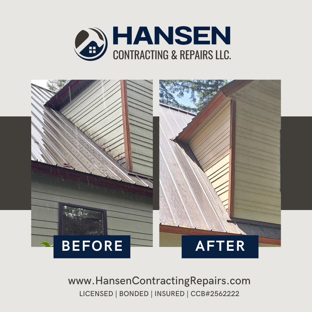 Side-by-side comparison of a house roof before and after repairs, showing improved condition after repair with cleaner, less damaged siding and roof.