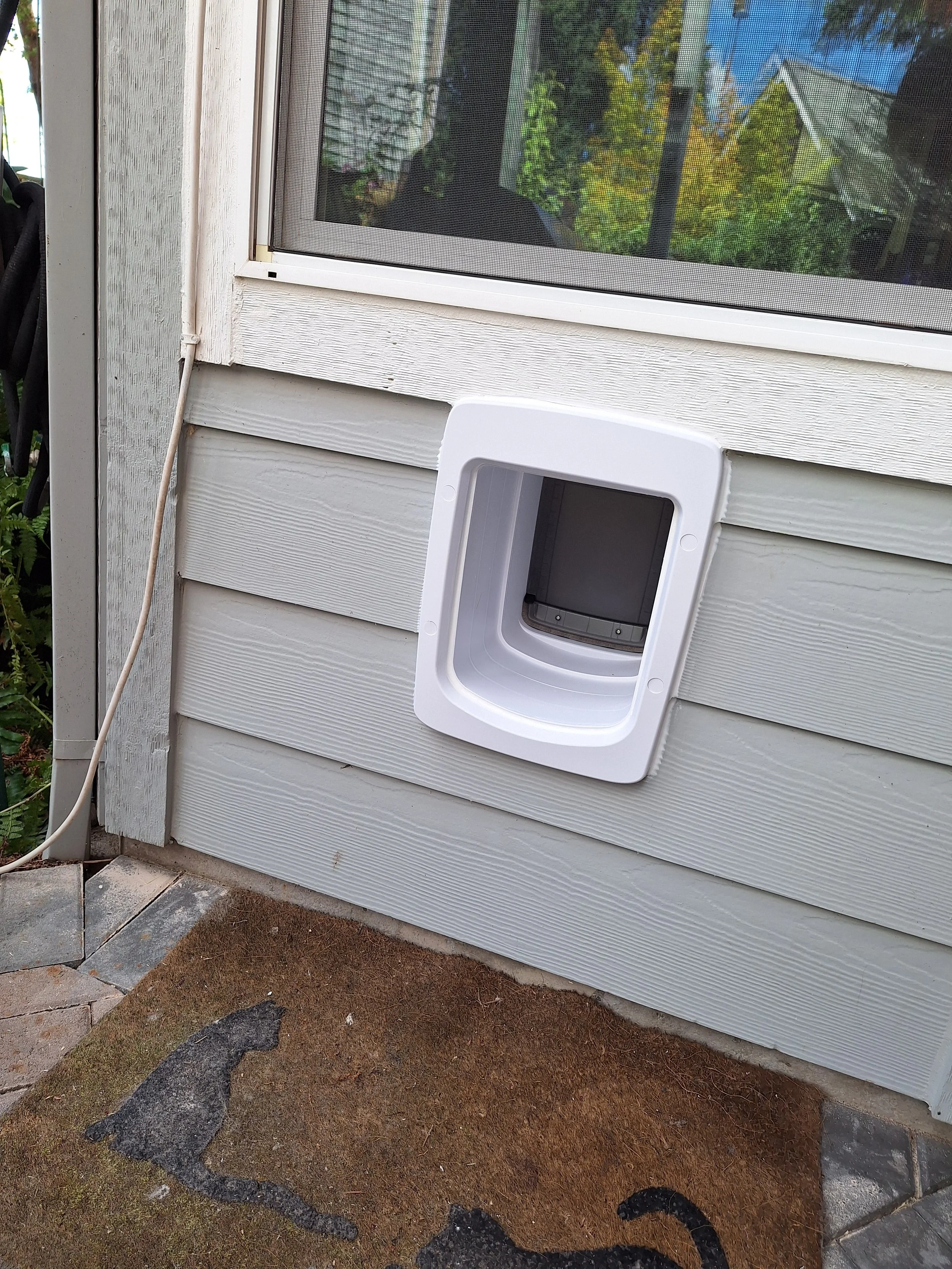 Cat's entrance pet door installed in house siding, with a doormat and part of a window nearby.