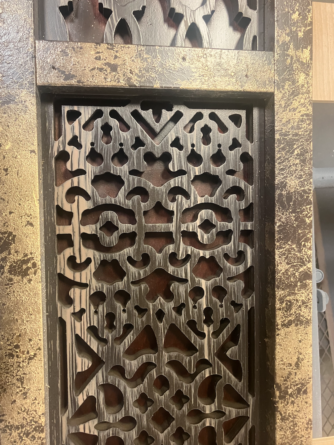 Materials: Gold Leaf, Bulldog Adhesion Promoter, ChemCraft Dark Walnut Wood Stain, Latex paint, ChemCraft Varicure Sealer, ChemCraft Varicure Topcoat