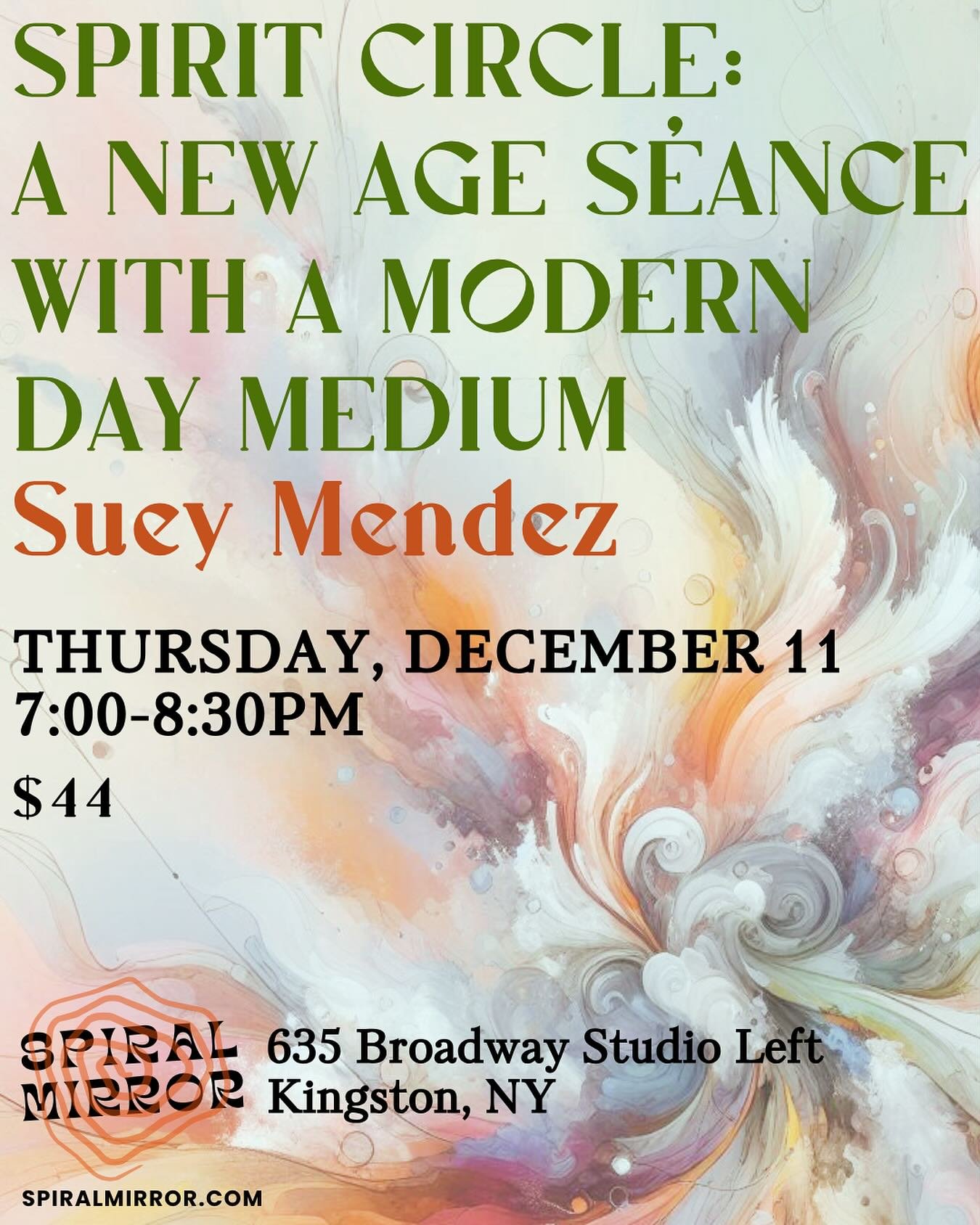 🪽𝑺𝒑𝒊𝒓𝒊𝒕 𝑪𝒊𝒓𝒄𝒍𝒆 𝒘𝒊𝒕𝒉 𝑺𝒖𝒆𝒚 (𝒁𝒆𝒆) 𝑴𝒆𝒏𝒅𝒆𝒛🪽

We&rsquo;re so happy to welcome back our dear friend @soulmamamagik to Spiral Mirror for their Spirit Circle on Thursday, December 11th. This is a very special evening. If you wer