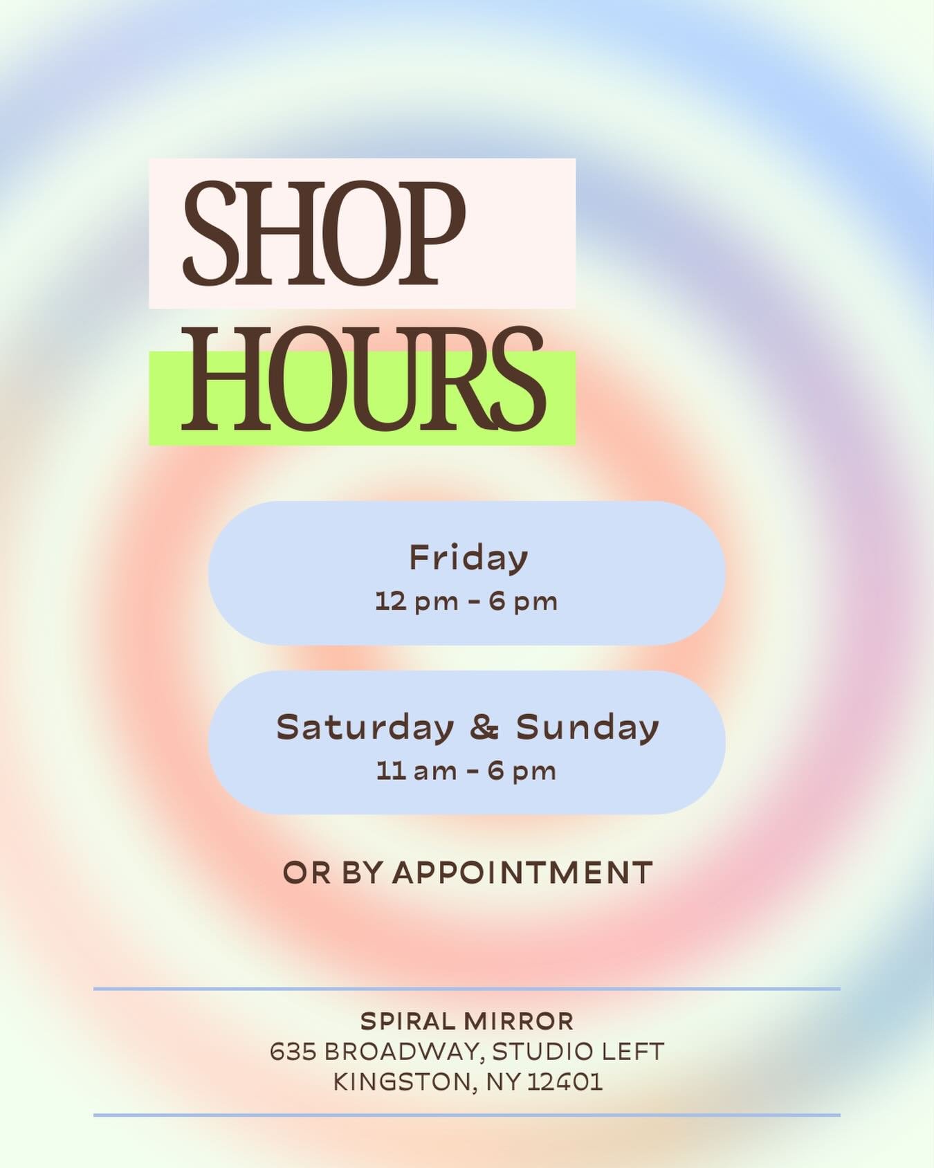 Updated shop hours! 

Spiral Mirror is now open on Fridays from 12pm - 6pm. And our weekend hours on Saturdays and Sundays continue to be 11am - 6pm. 

Did you also know that we&rsquo;re open by appointment? 

If you&rsquo;re visiting Kingston or fin