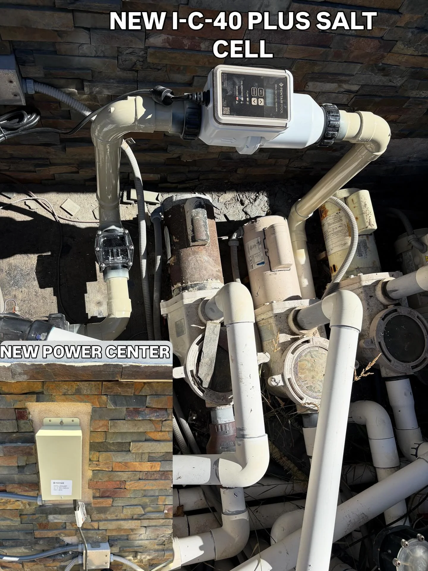 BRAND NEW PENTAIR IC-40 PLUS INSTALLATION:
REMOVE OLD ECOMATIC SALT CELL, REPLACE WITH NEW PENTAIR, WIRE THE 230V POWER CENTER, PLUMB IN NEW SALT CELL

3 YEAR WARRANTY ON ALL PLUMBED PARTS