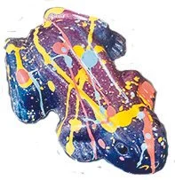 Colorful abstract painting with splashes of pink, yellow, blue, and purple on a dark background.