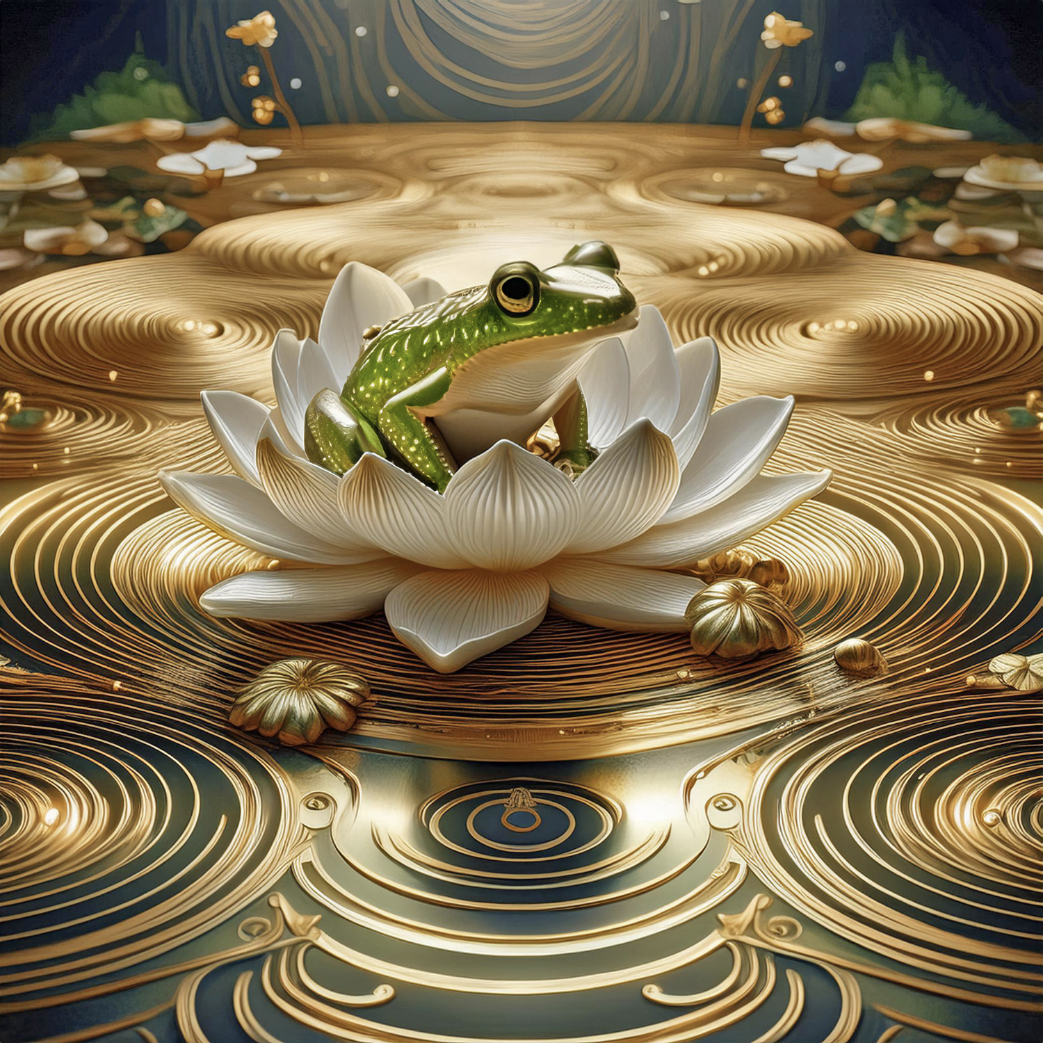 A digital artwork depicting a frog sitting on a white lotus flower. The artwork features swirling golden patterns and a mystical background with a dark sky and glowing elements.