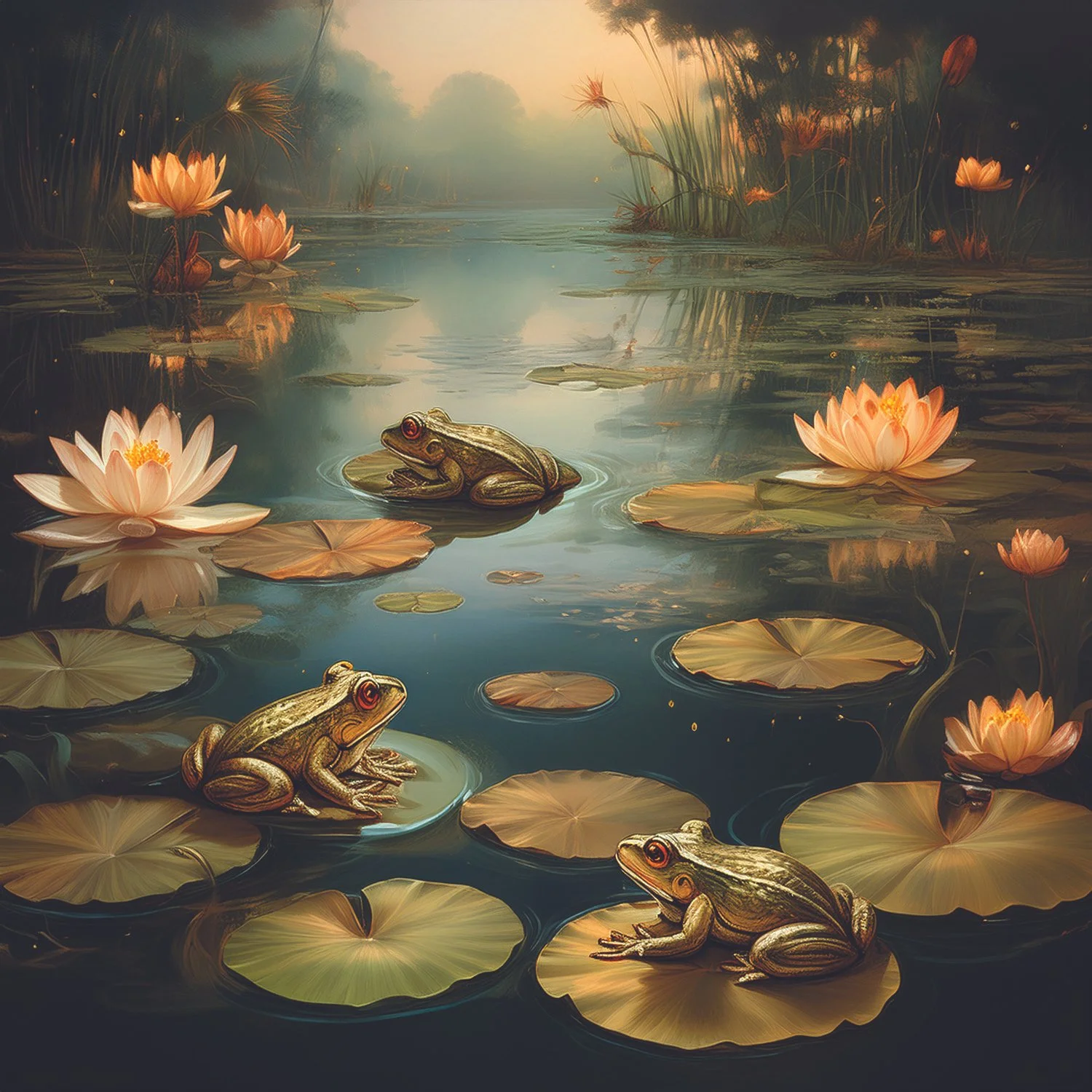 Frog sitting on a lily pad among pink water lilies in a serene pond with soft sunlight.