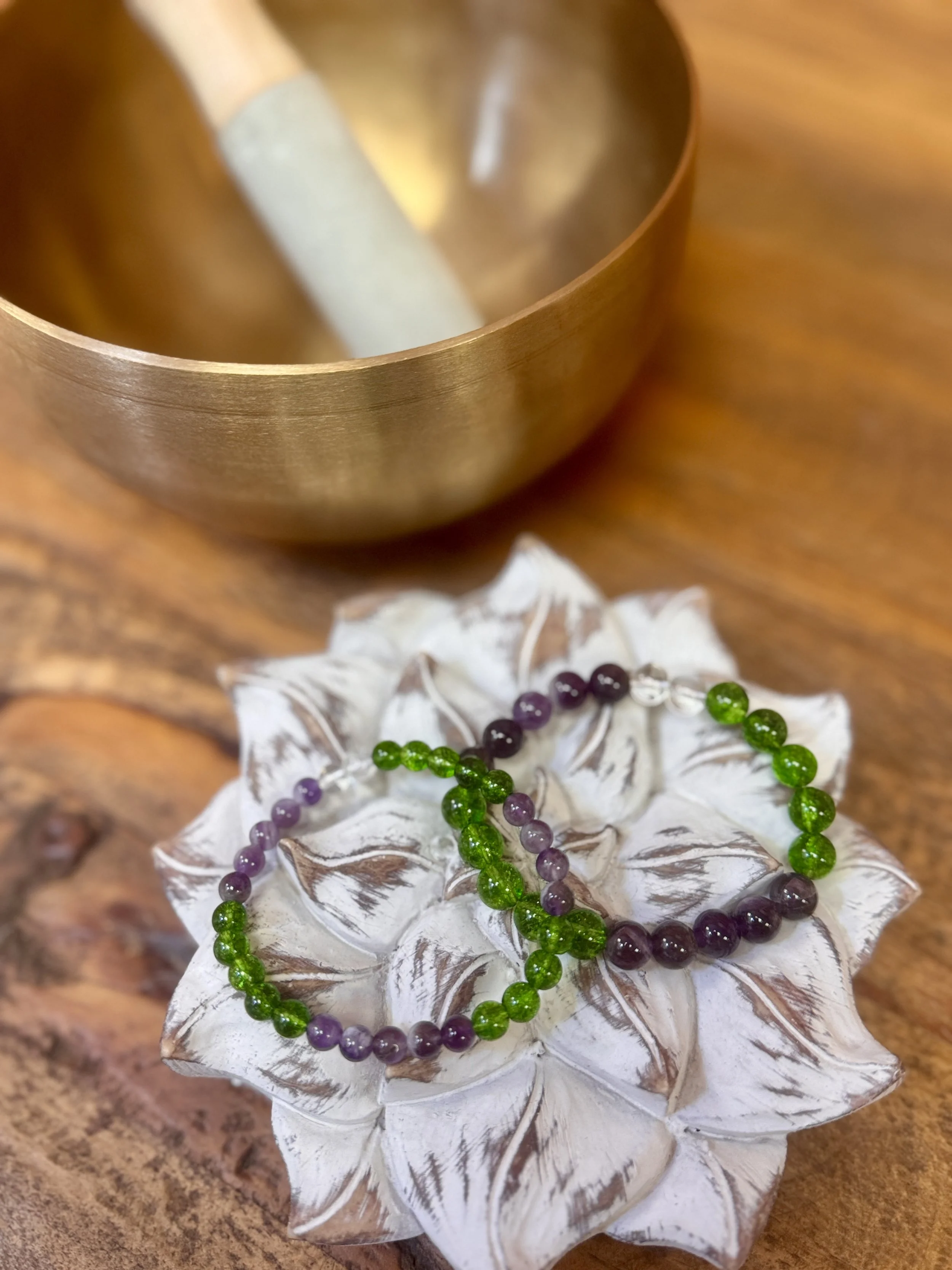 Spirited Frog Bracelets ~  
"I Am Grateful for My Health, Abundance & Transformation” — 
Amethyst, Peridot, Clear Quartz