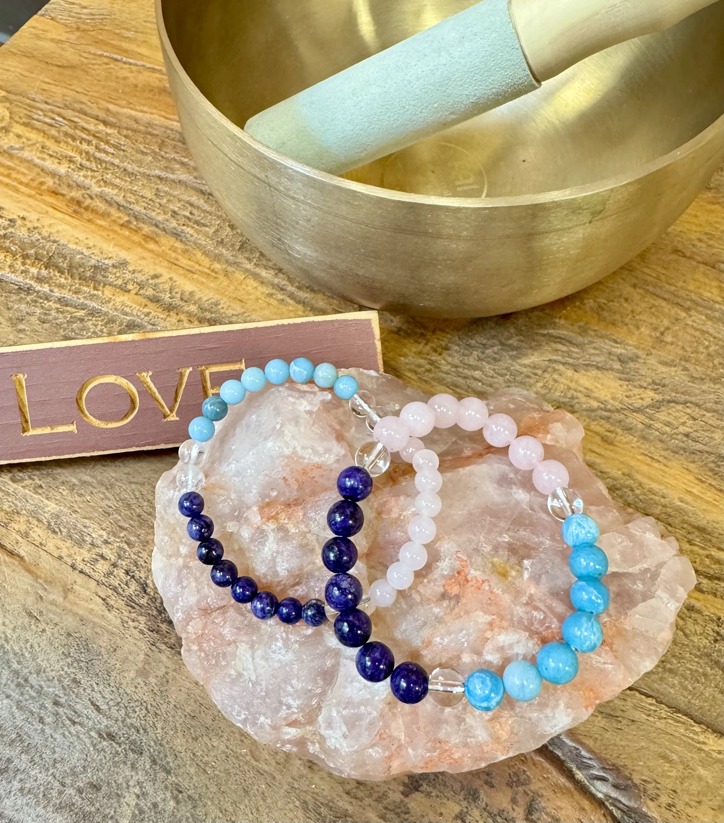 Calm & Clear Bracelets ~ “I Am Calm —  I Am Clear”  —  Larimar, Charoite, Rose Quartz, Clear Quartz