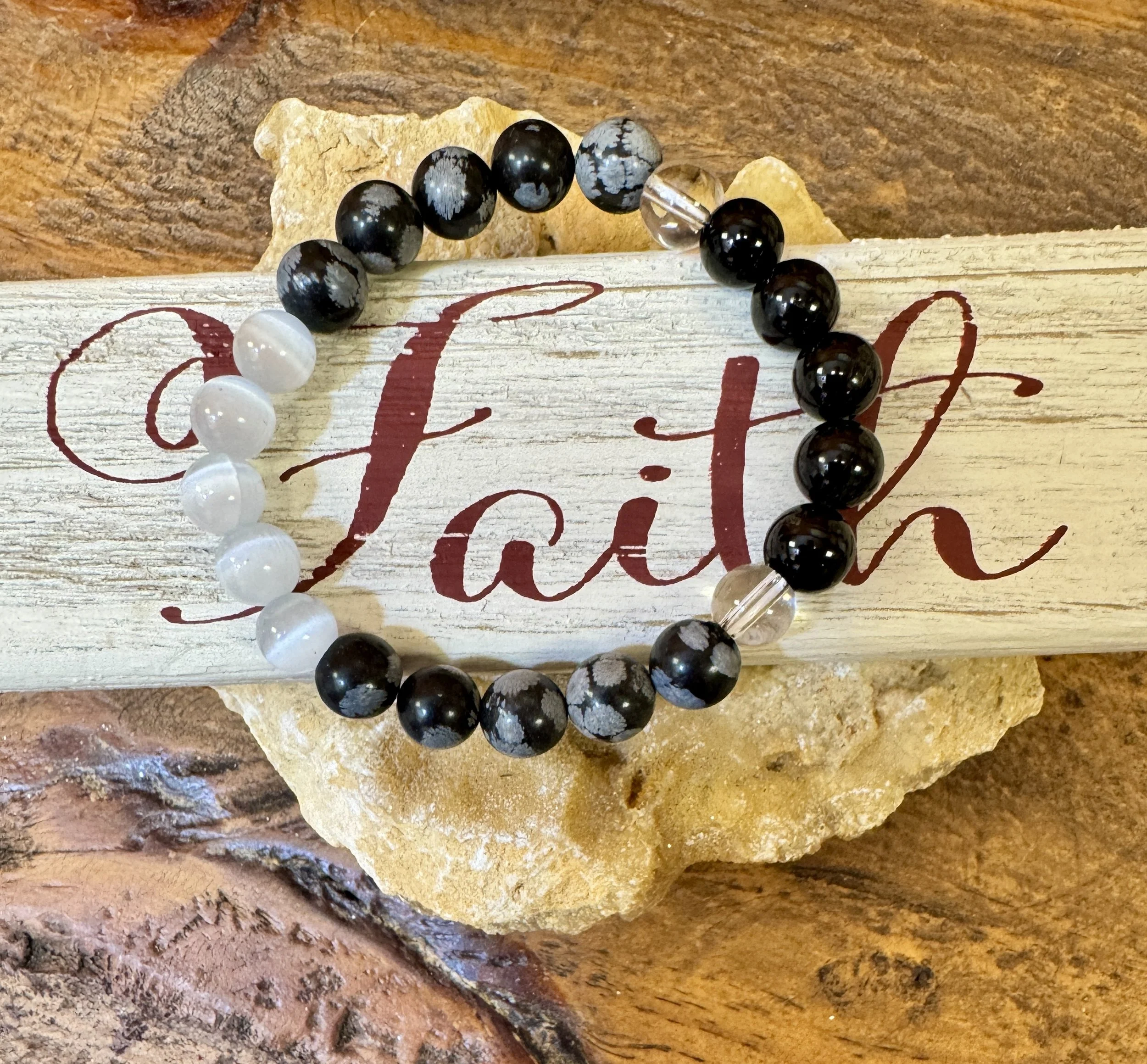 Heal Thy Self Bracelets ~ "I Am Shown All I Need To See For My Healing & Awakening”. —  Snowflake Obsidian, Black Tourmaline, Selenite, Clear Quartz