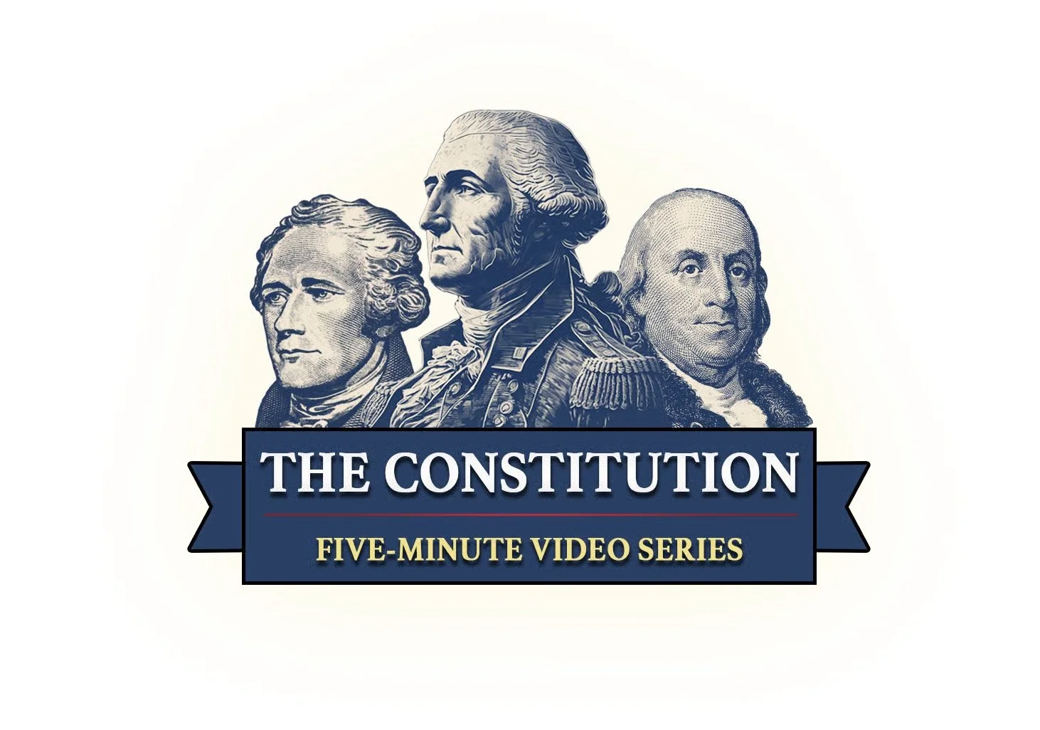 Illustration of three founding fathers, George Washington, Thomas Jefferson, and Benjamin Franklin, with a title that reads 'The Constitution.' Subtext states 'Five-Minute Video Series'.