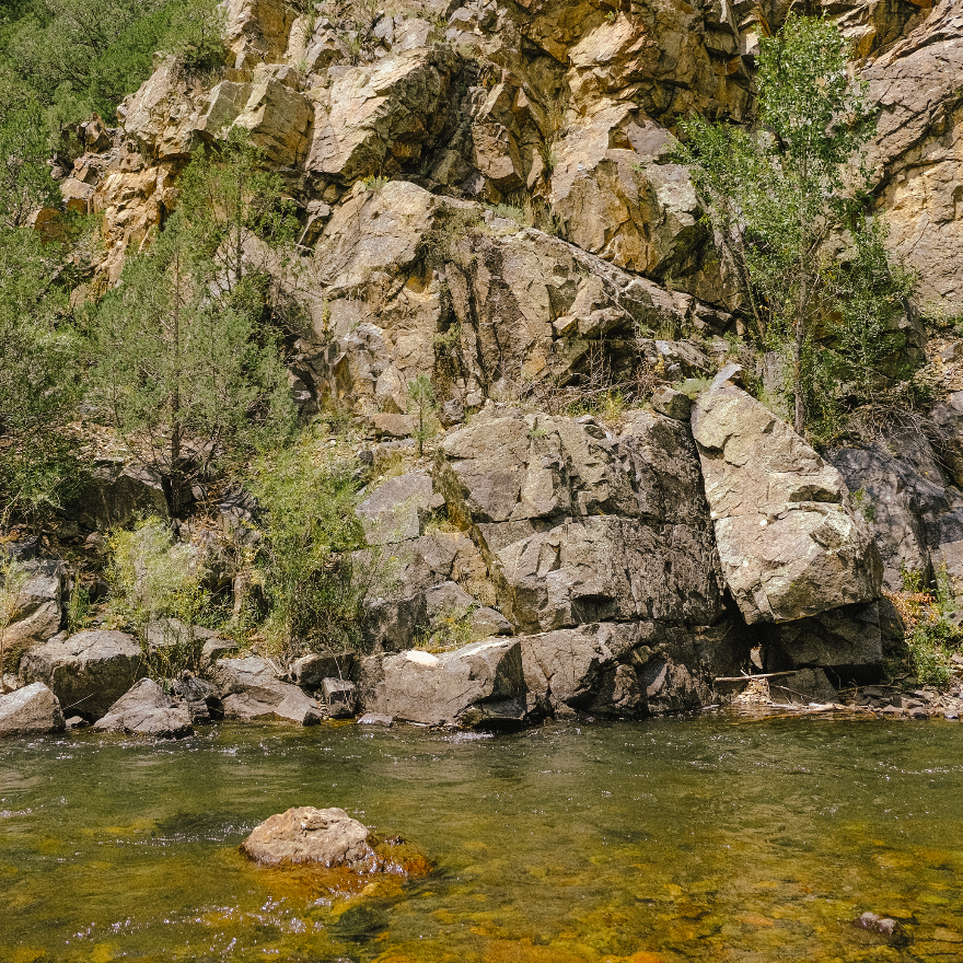 A rocky cliffside with trees and bushes next to a river.