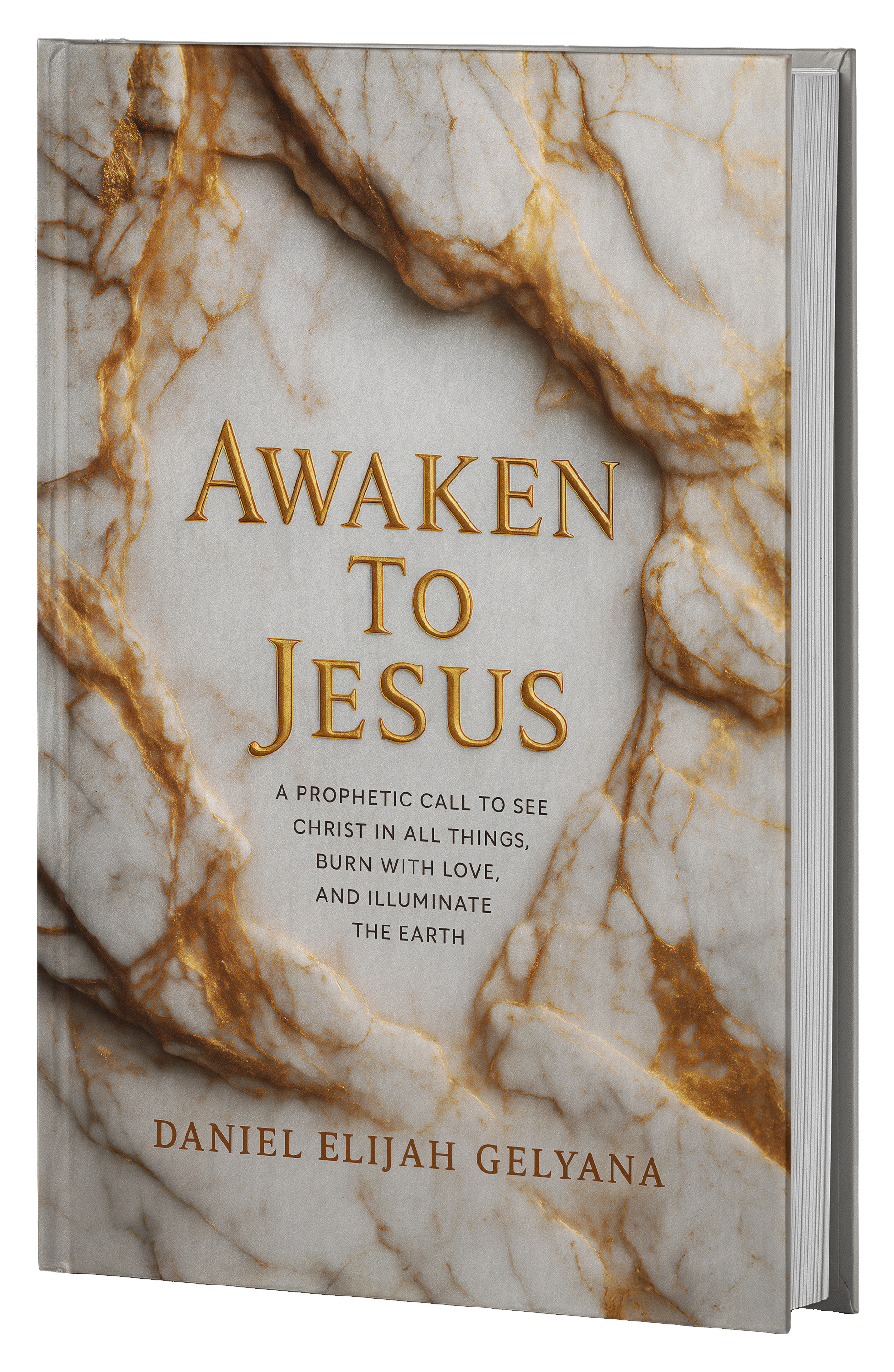 Book titled 'Awaken to Jesus' with a marble and gold design cover.