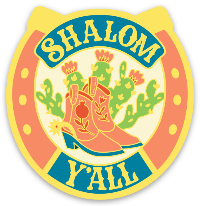 Jewish-themed magnet featuring cowboy boots decorated with pomegranates and a horseshoe above the words “Shalom Y’all.” Measures 3 by 3.1 inches.