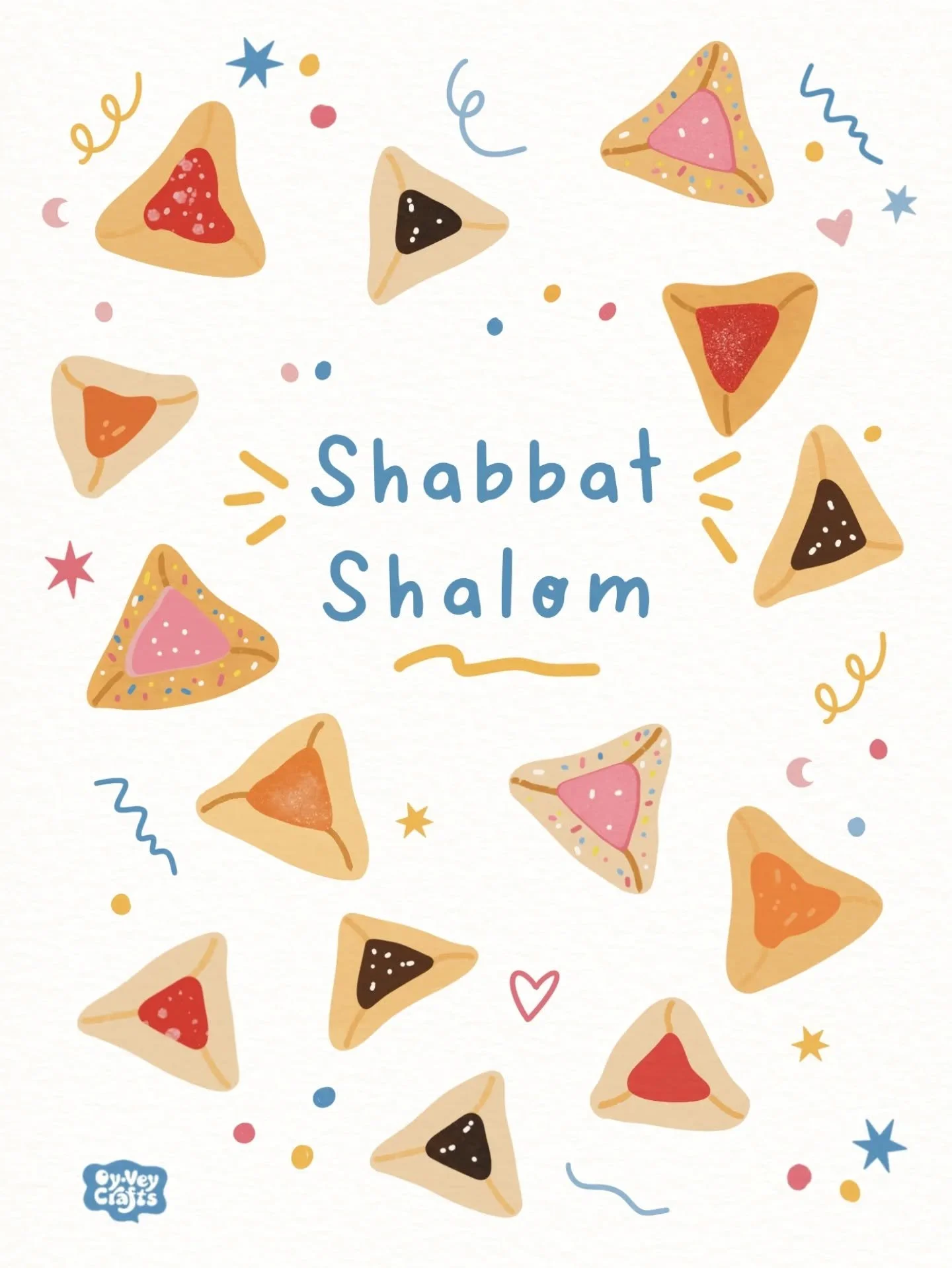 Be Happy &amp; Shabbat Shalom! 🎉🎭🎉 

Sweet hamentashen and cozy Shabbat vibes to welcome a joyful new month.

Jewish illustration and surface design of hamentashen inspired by Purim and Shabbat by Andi Vollmer of Oy Very Crafts