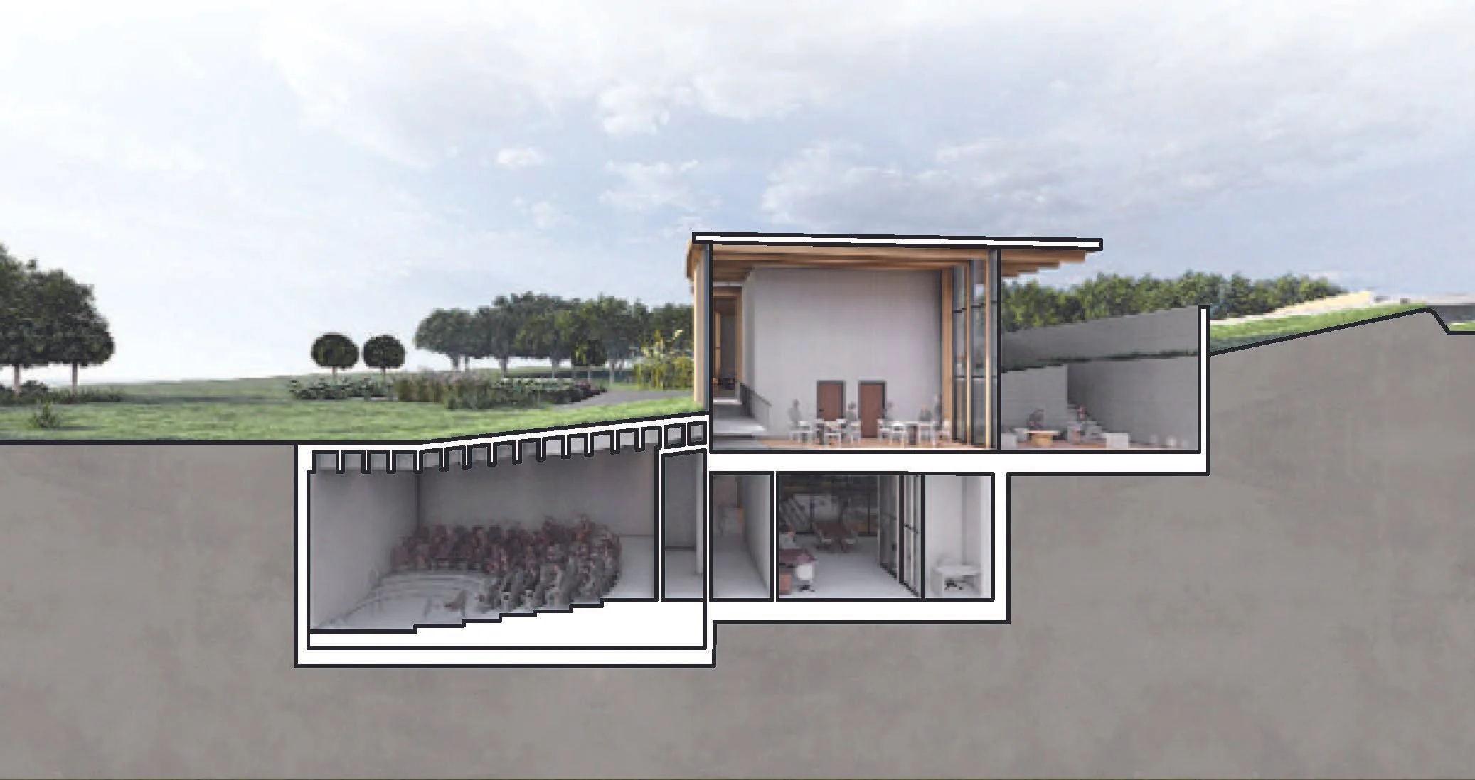 Section perspective: event space and auditorium.