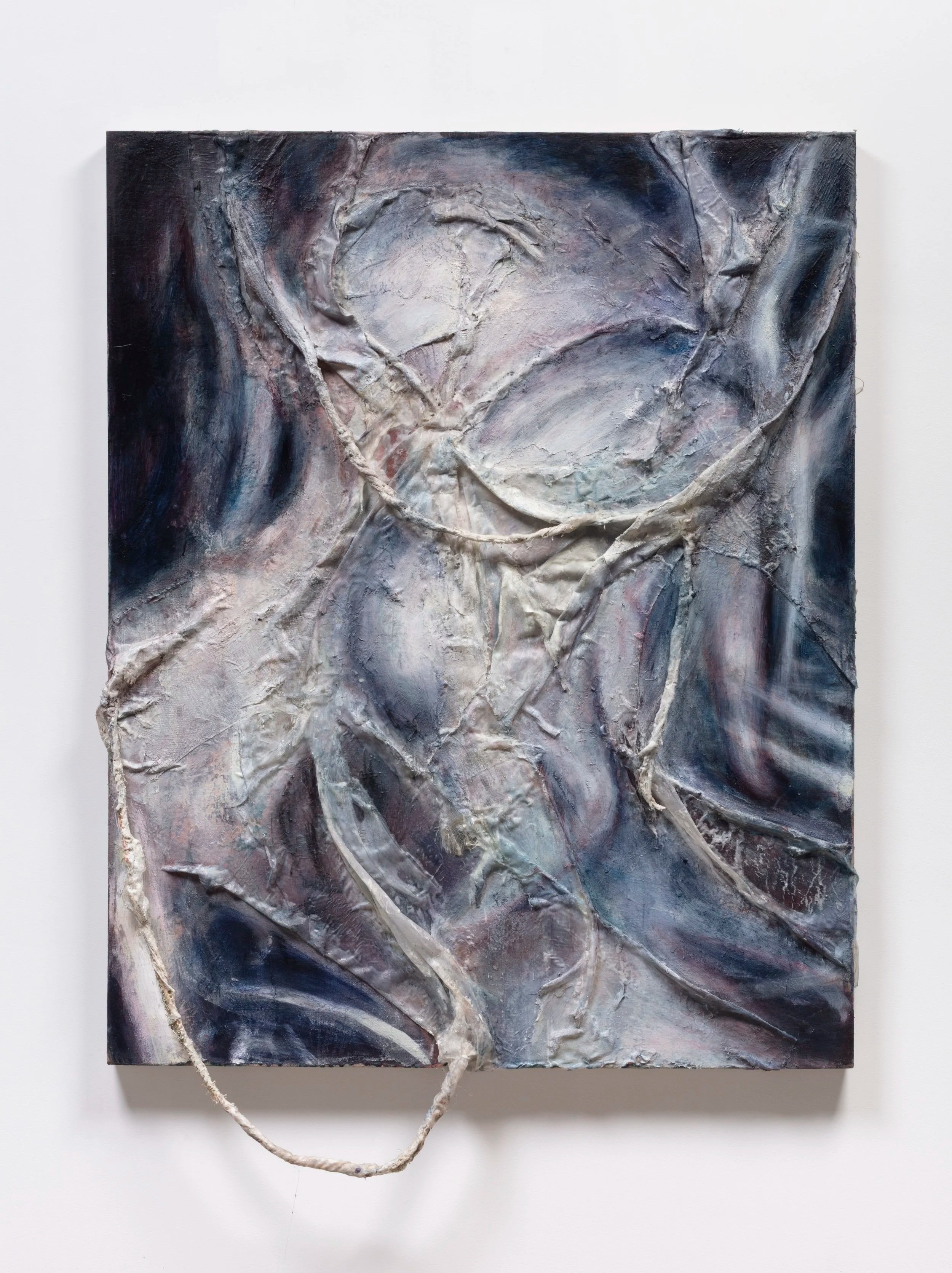 Abstract textured painting with shades of gray, black, white, and hints of purple, featuring prominent brushstrokes and layered materials, mounted on a white wall with a white cord hanging from the bottom.