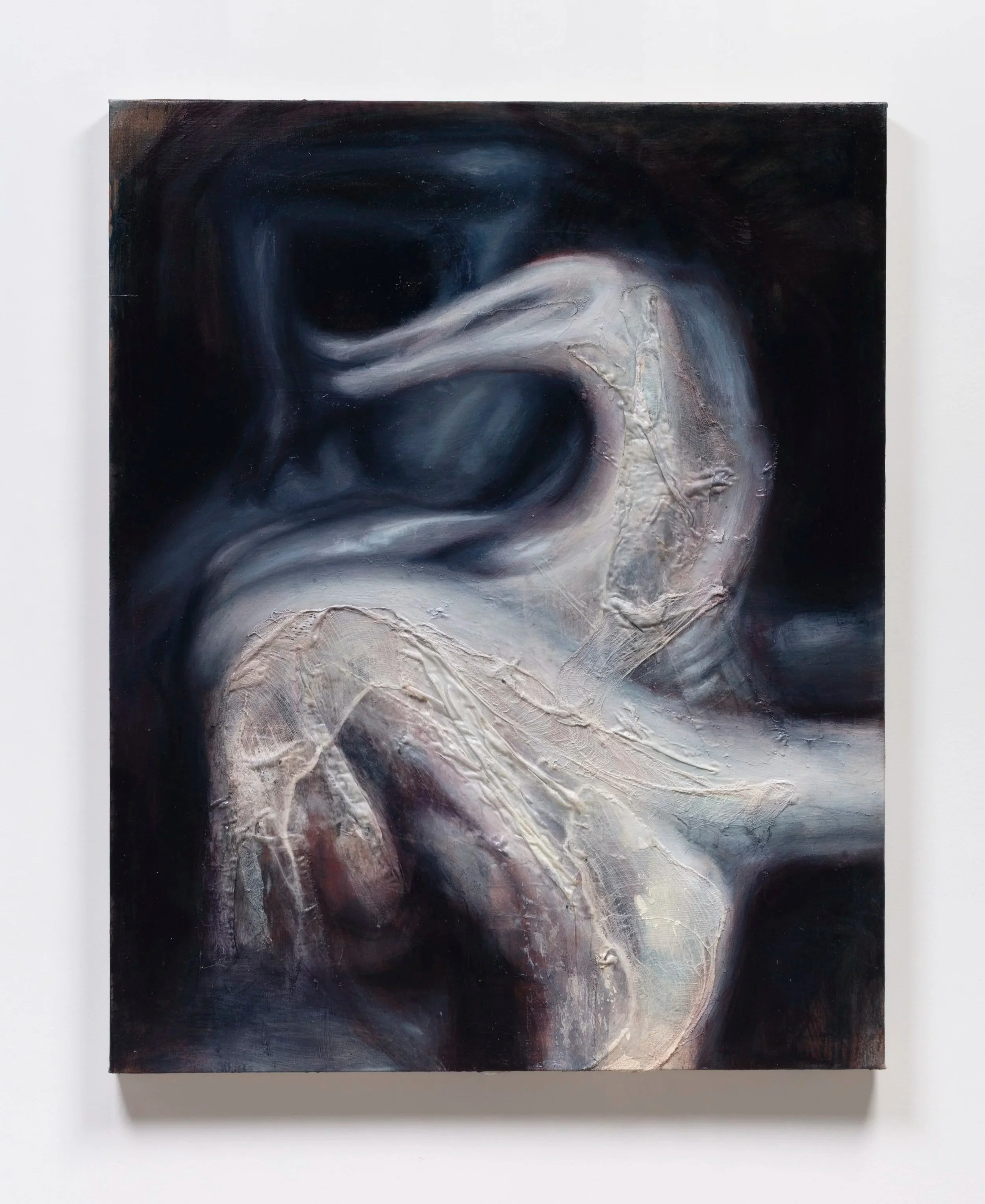 Abstract painting with dark blue and black background and white textured, swirling forms.