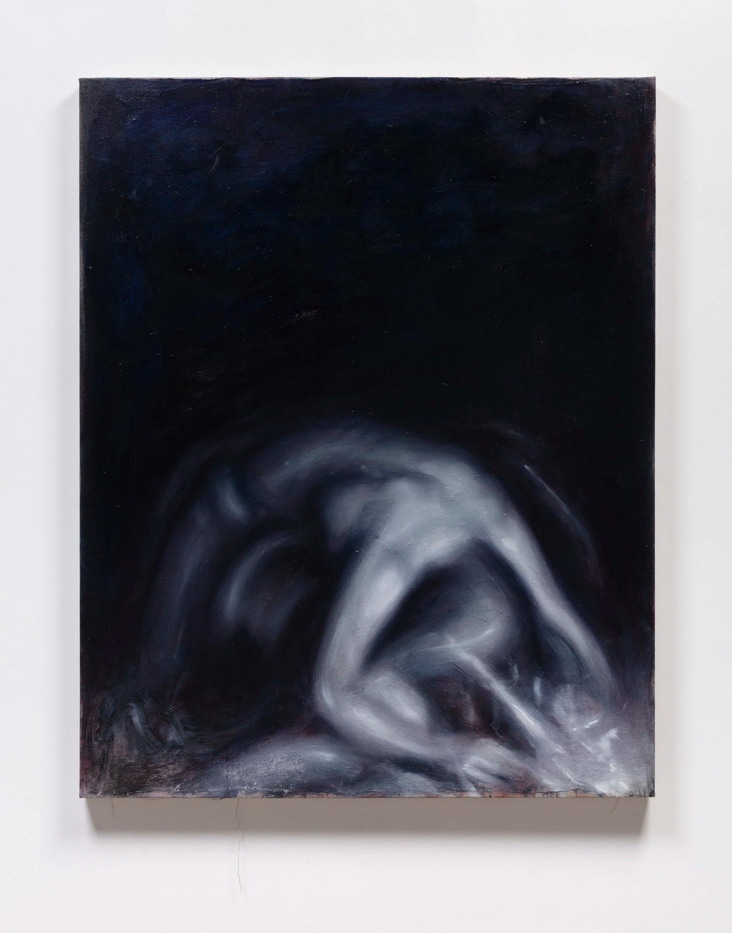 Abstract painting with swirling black and white patterns on a square canvas.