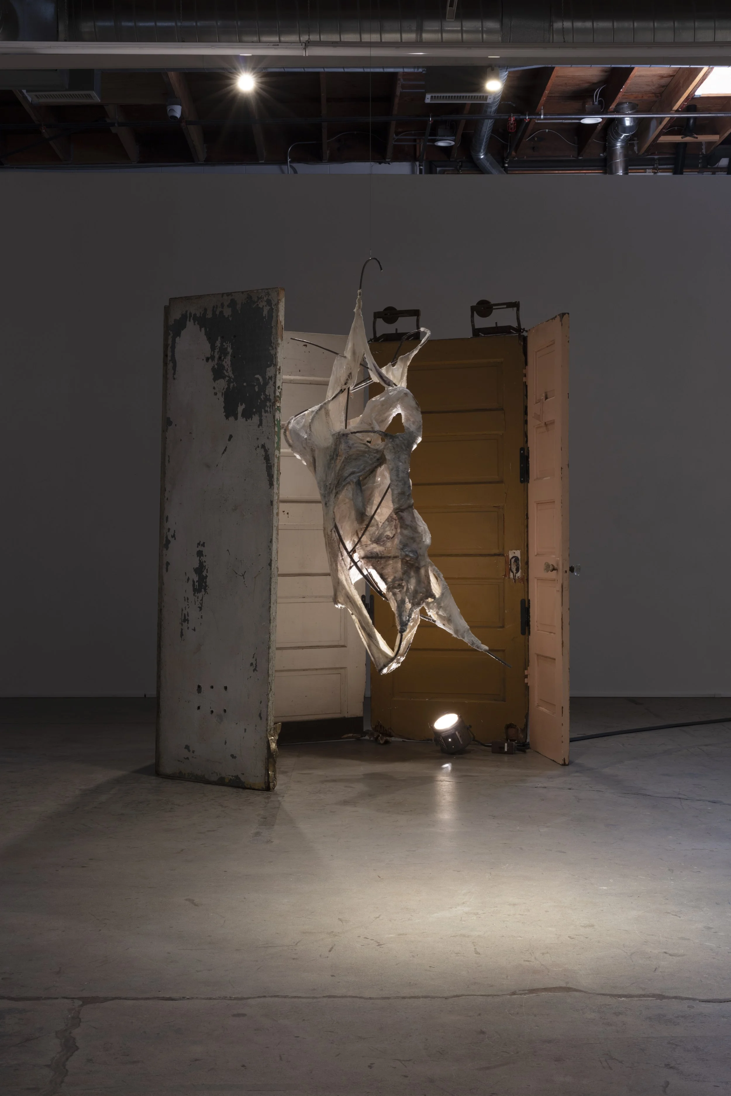 An art installation with a incision of a deconstructed animal sculpture hanging from a hook, in front of a large wooden panel door, with a focus light on the floor illuminating the sculpture.
