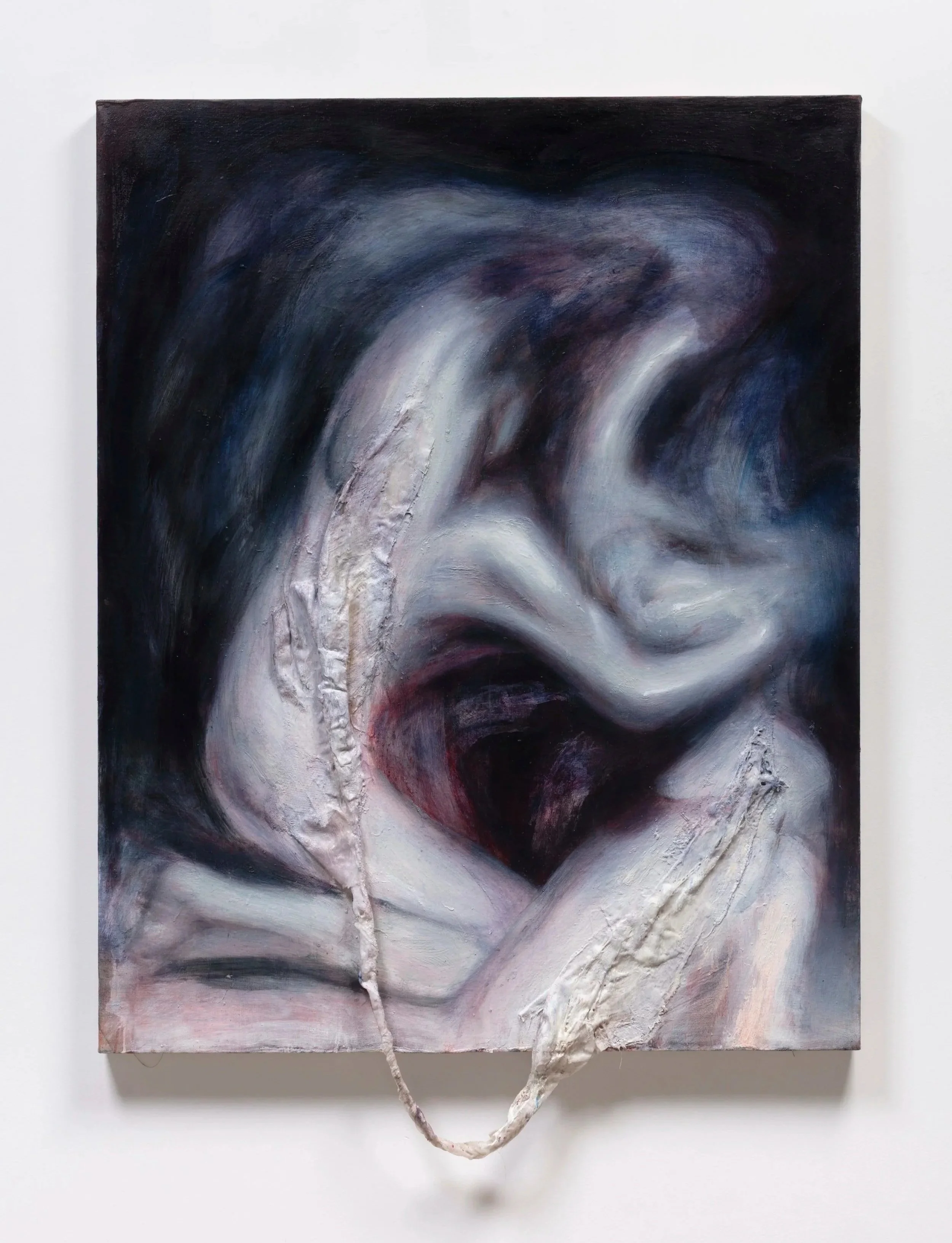 Abstract painting of a mother's face with closed eyes, in shades of black, white, and red, with textured paint and hanging white rope.