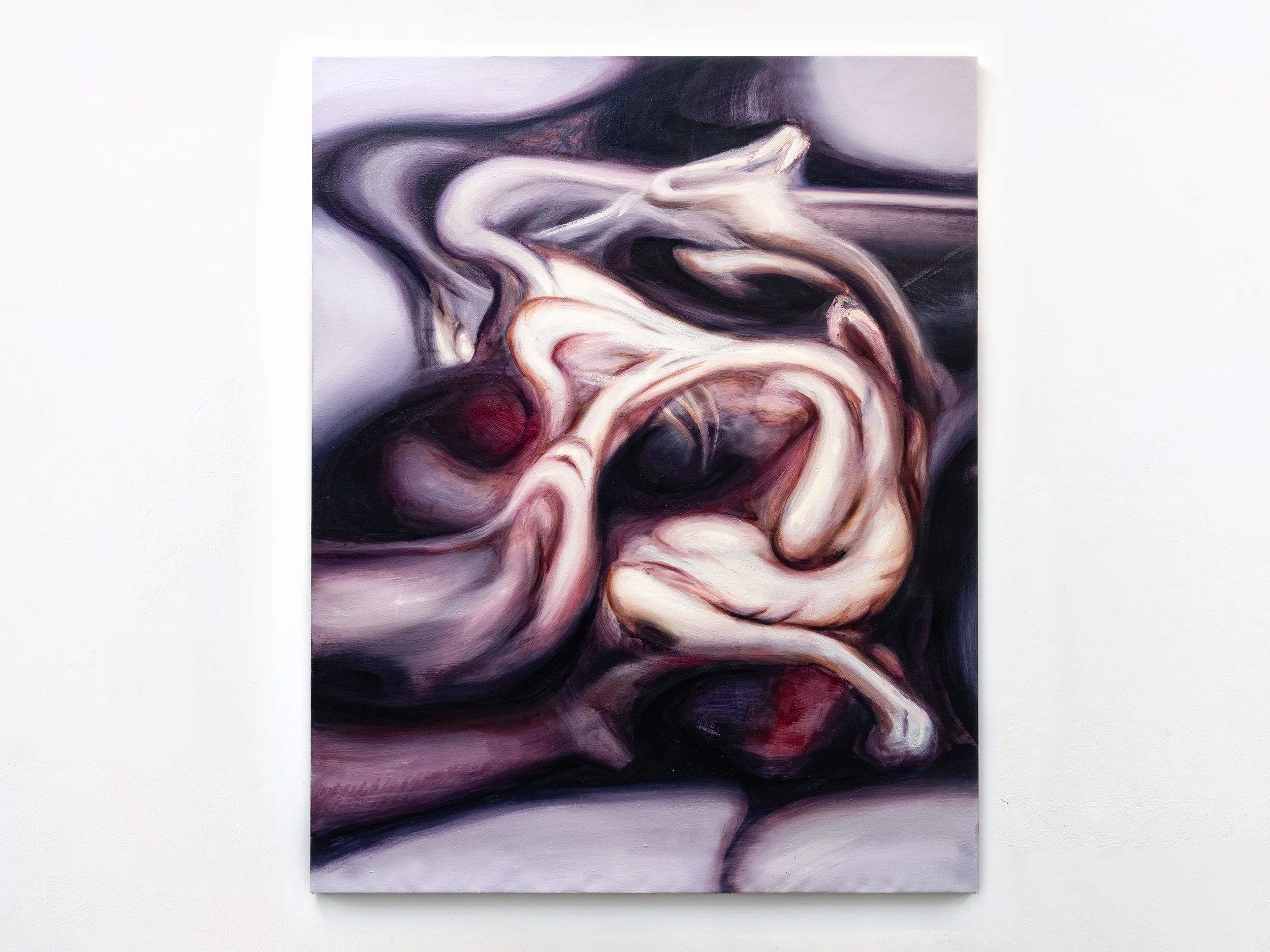 An abstract painting of a woman in a white dress sitting with her back arched, with swirls of dark purple, black, and white surrounding her, creating a dramatic and expressive scene.