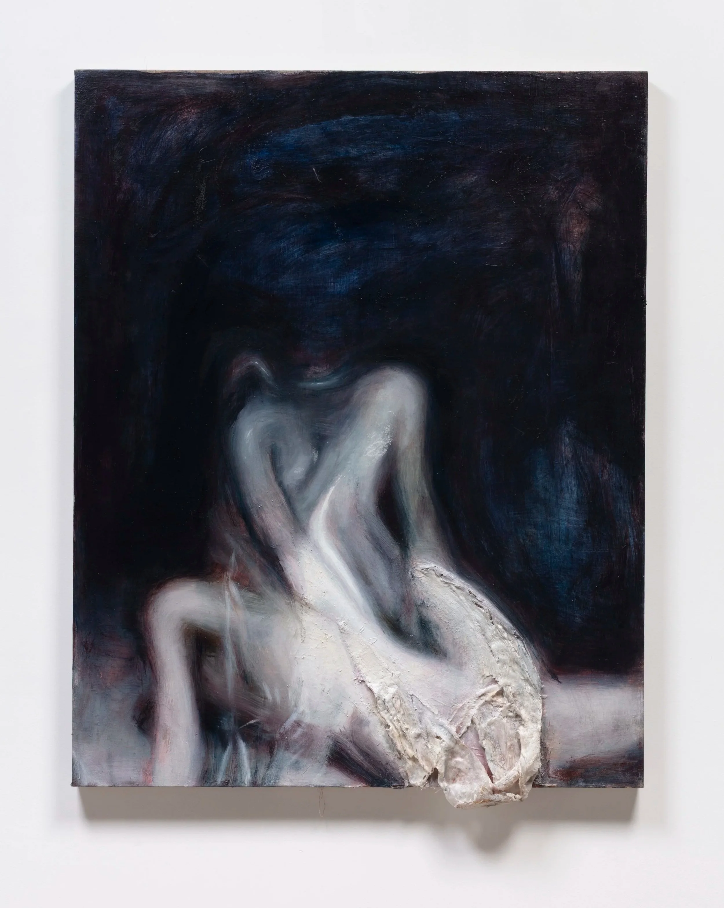 Abstract painting with dark and light swirling colors, primarily black, white, and hints of blue and pink, with textured areas and uneven edges.