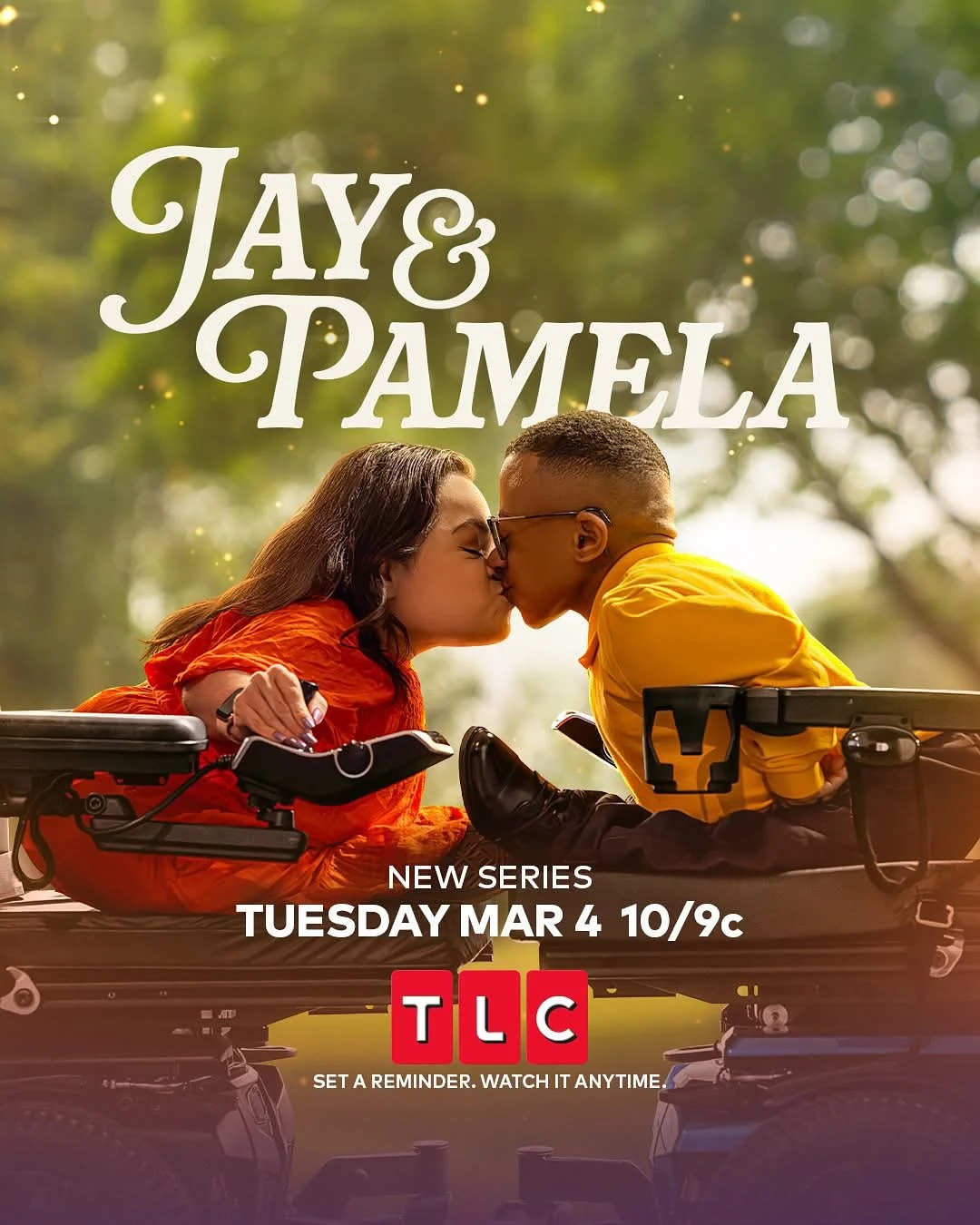 Promotion poster for the new TLC series "Jay & Pamela," featuring a woman with a disability and a man kissing while lying on a gurney outdoors.