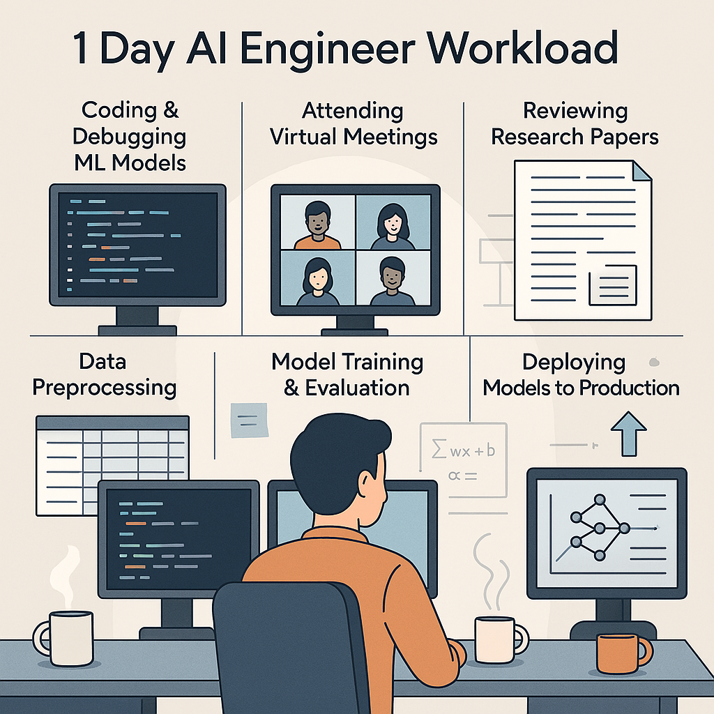A digital illustration showing the daily workload of an AI engineer. The image is divided into segme.jpeg
