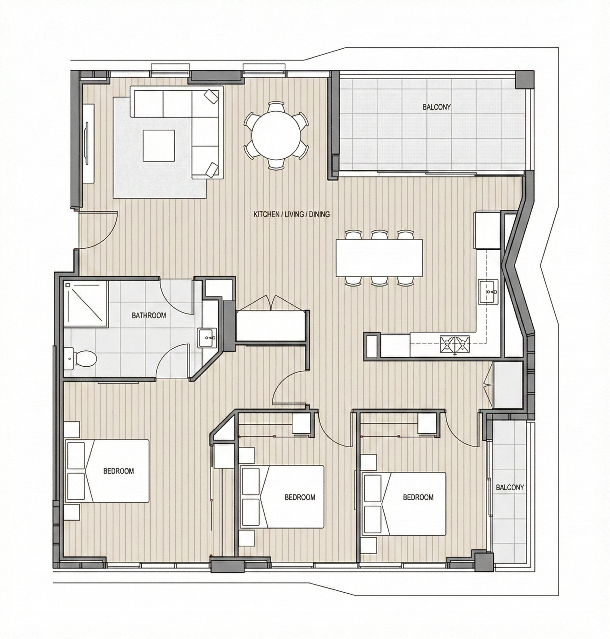 Floor plan of an apartment with three bedrooms, a bathroom, a combined kitchen, living, and dining area, and two balconies.