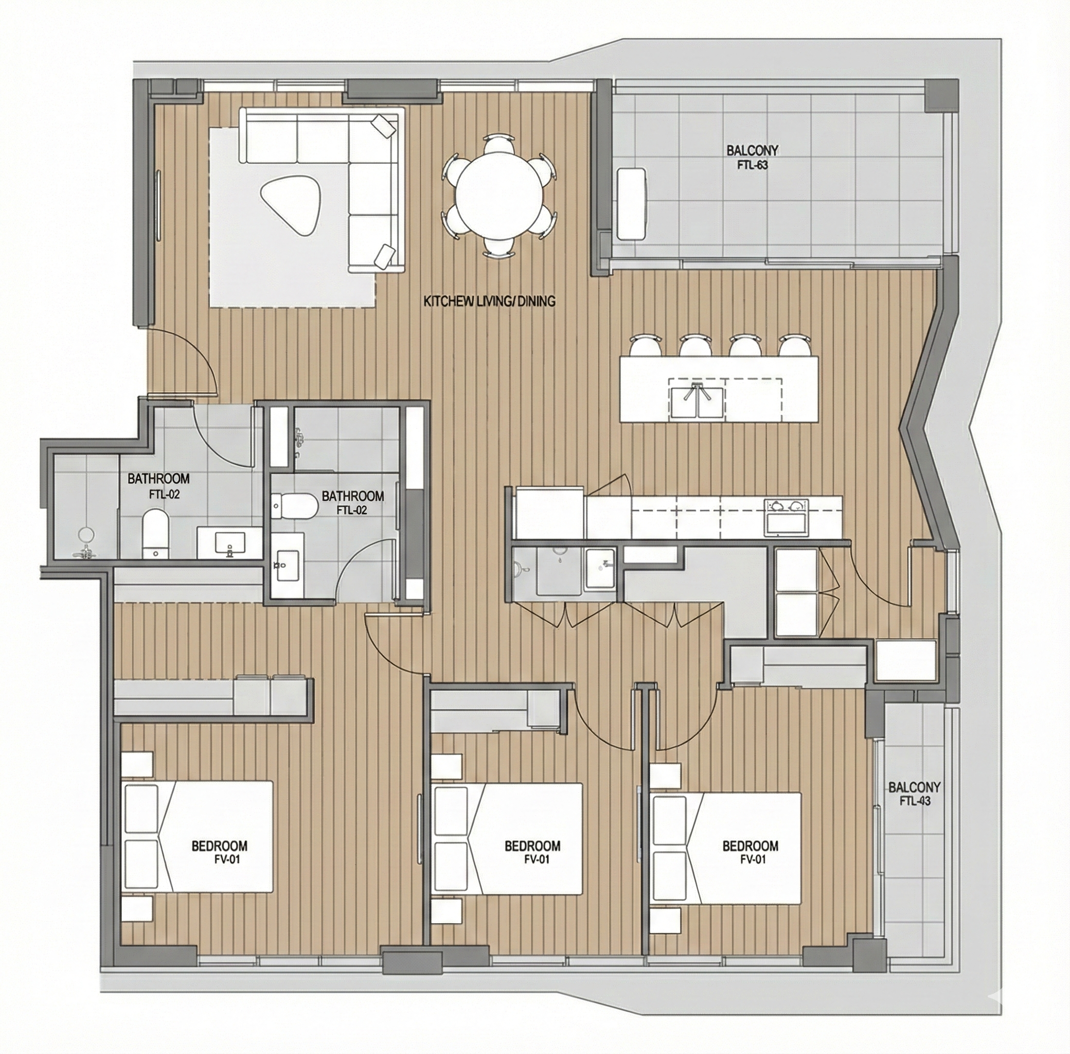 Floor plan of an apartment with three bedrooms, a bathroom, a combined kitchen, living, and dining area, and two balconies.