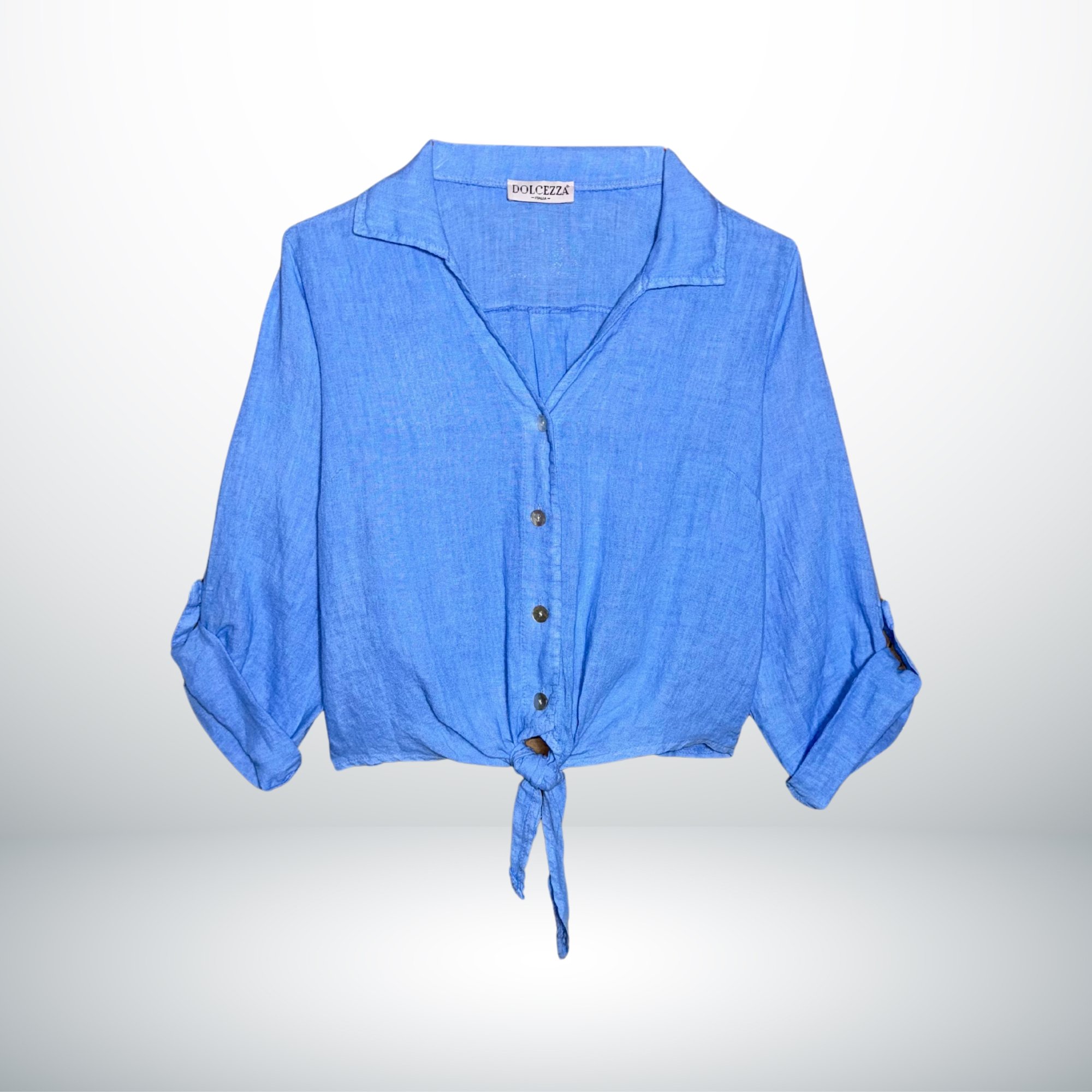 TIE-FRONT BLUE LINEN SHIRT