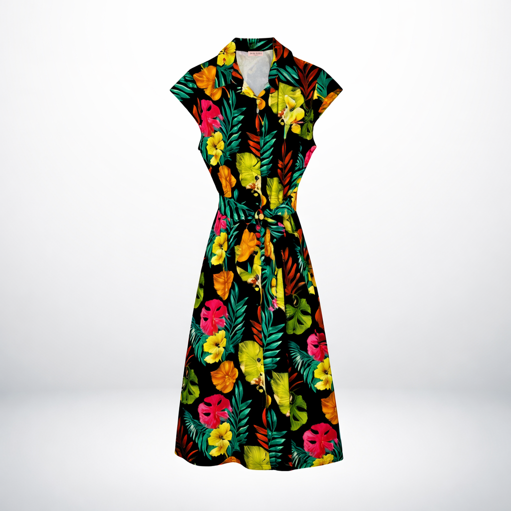 TROPICAL FLORAL BELTED DRESS BLACK