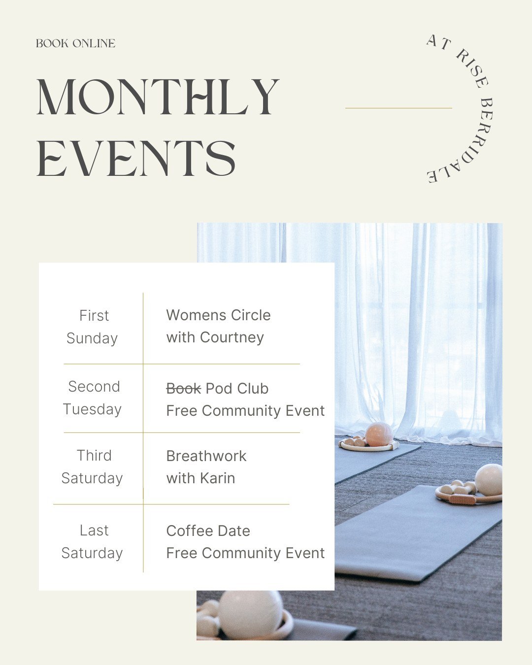 Our NEW monthly event schedule is looking 🔥

We kick off on the 17th with a Cacao and Breath workshop with @breathimmersionwithkarin 
Book via our events page. 

And of course, if you're looking for a beautiful, intimate space in the heart of the mo