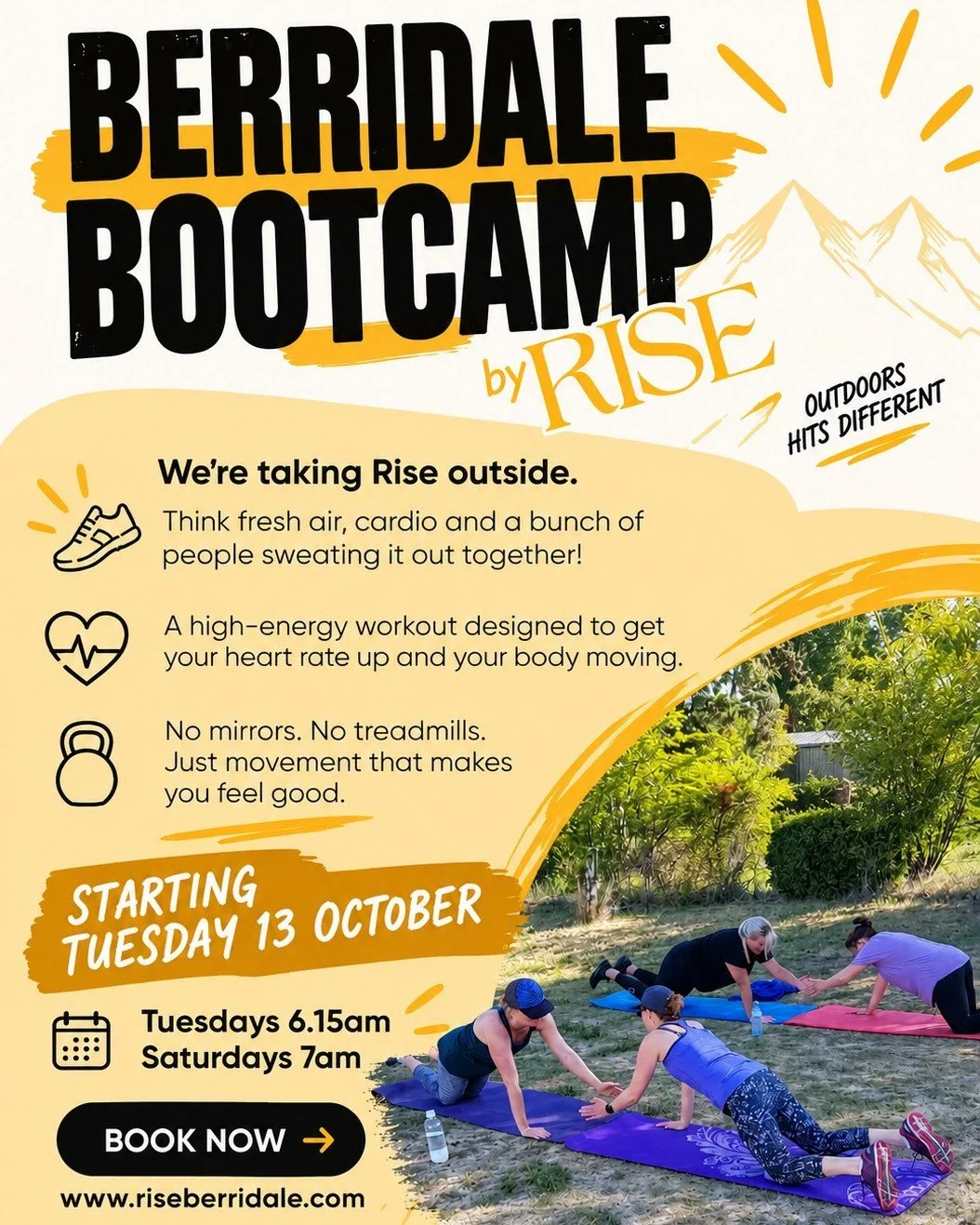 We&rsquo;re taking Rise outside!

Berridale Bootcamp is a high-energy outdoor workout with plenty of cardio, movement and a healthy dose of getting sweaty together. Think fresh air, good people and workouts that leave you feeling like you&rsquo;ve ac