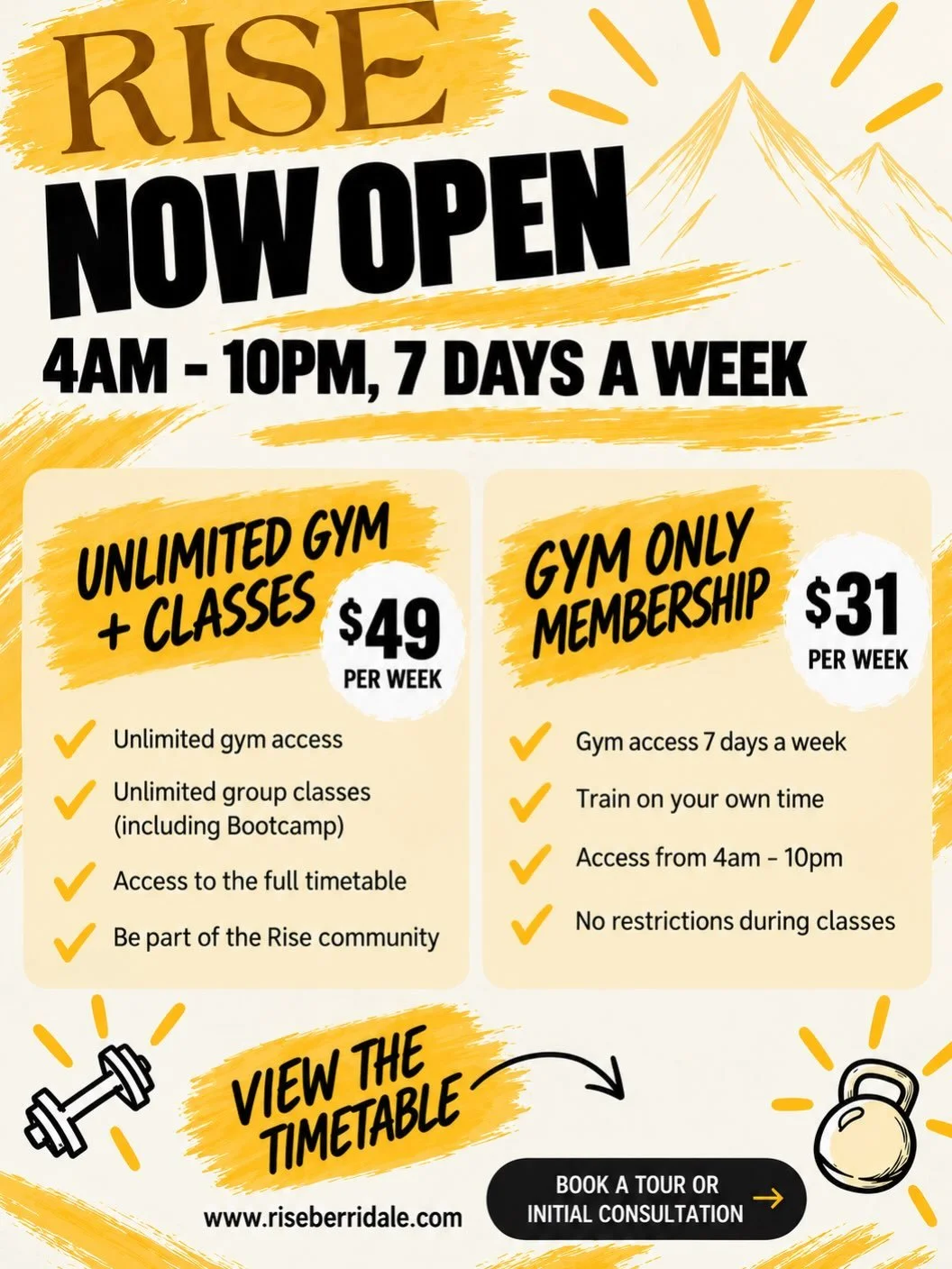 Big news from Rise! 🌞

You can now use the gym even when classes are running! No more working around our schedule. Come and work out on yours, any day from 4am&ndash;10pm!

Explore our memberships further through our website and we&rsquo;ll see you 