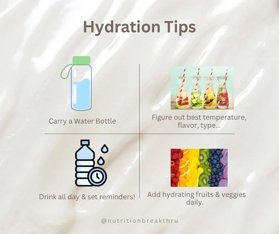 Tip Tuesday!

💧 Hydration Hacks for a Healthier You 💧

Staying hydrated is key for energy, focus, and overall well-being! Here are a few simple tips to keep you sipping throughout the day:

	1.	Carry a Water Bottle 🍼 &ndash; Keep it with you as a 