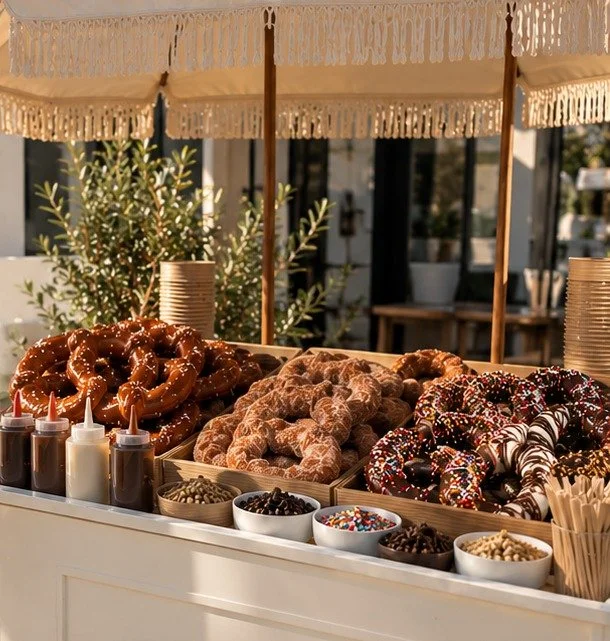 Giant doughnut pretzel cart with pretzels, sauces and toppings