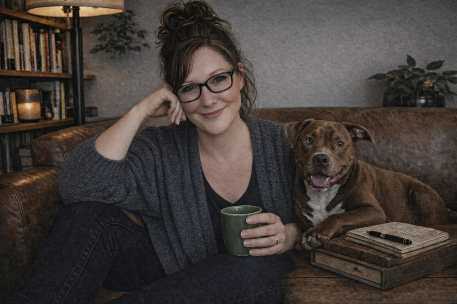 A woman with glasses sitting on a brown leather couch, holding a green mug, with a smiling dog beside her, in a cozy living room with bookshelves and a potted plant in the background.