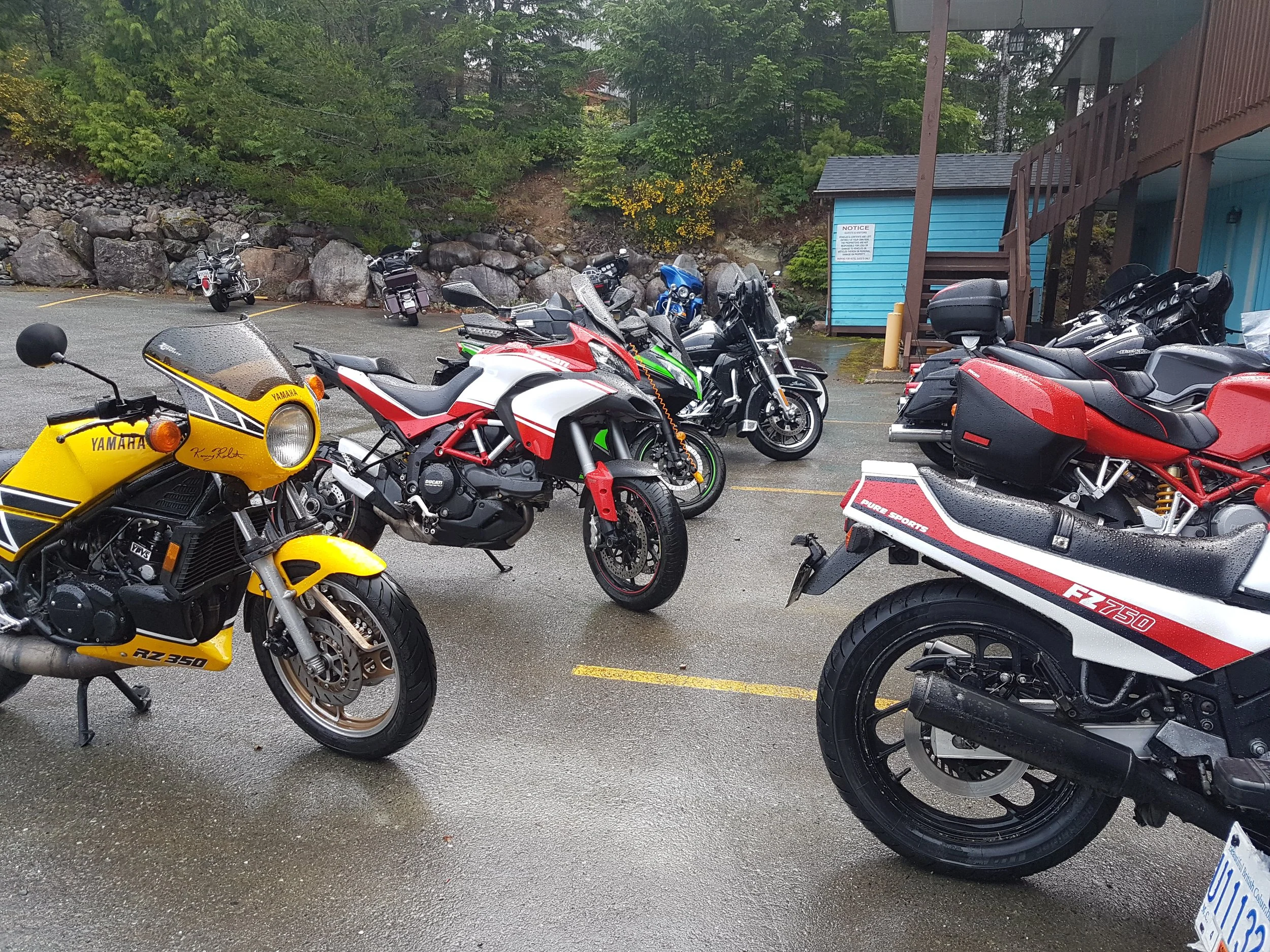 Multiple motorcycles parked in a lot on a rainy day.