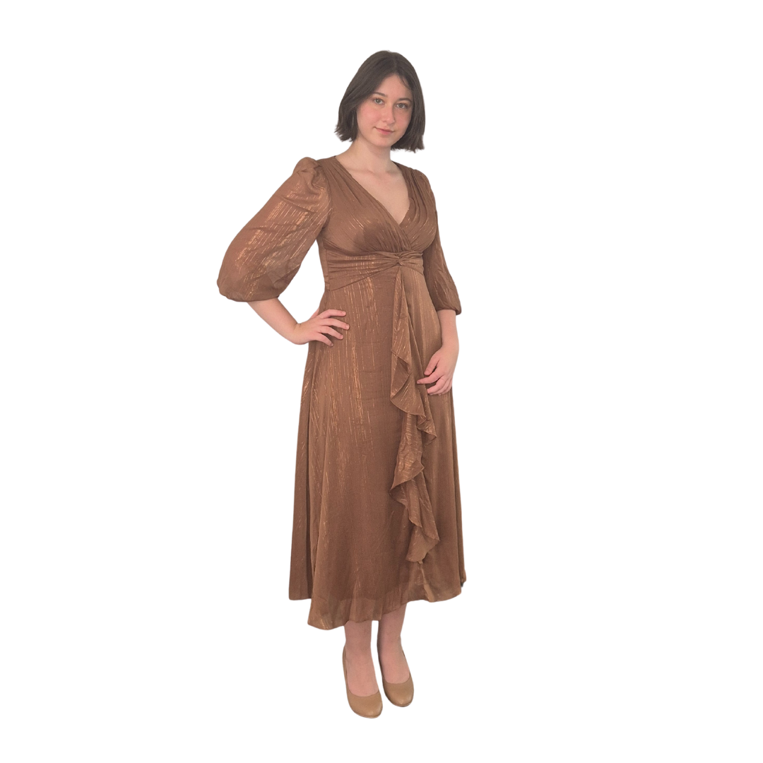 Sahara wearing the midi Brownyn dress in a size 10., feature in the front, easy flowing dress, zip up back, gold sparkle thread through out. Effortless. Also available in size 14.