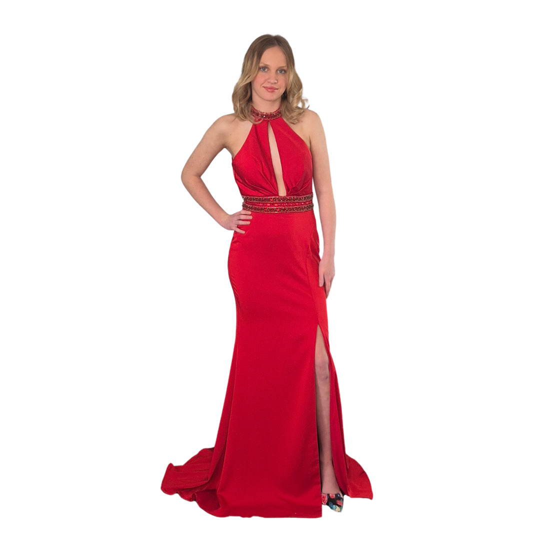 Bella wearing this stand out in the crowd dress. Exquisite beading around the waist and neck, thigh high split, open front and back.