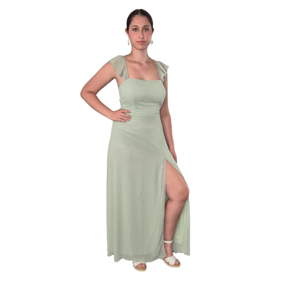 Sahara wearing the Buttercup dress, beautiful butterfly looking straps that leads into a tie up back, zip on the bottom part of dress. Gorgeous sage green with slight split, lovely for your next occasion event.