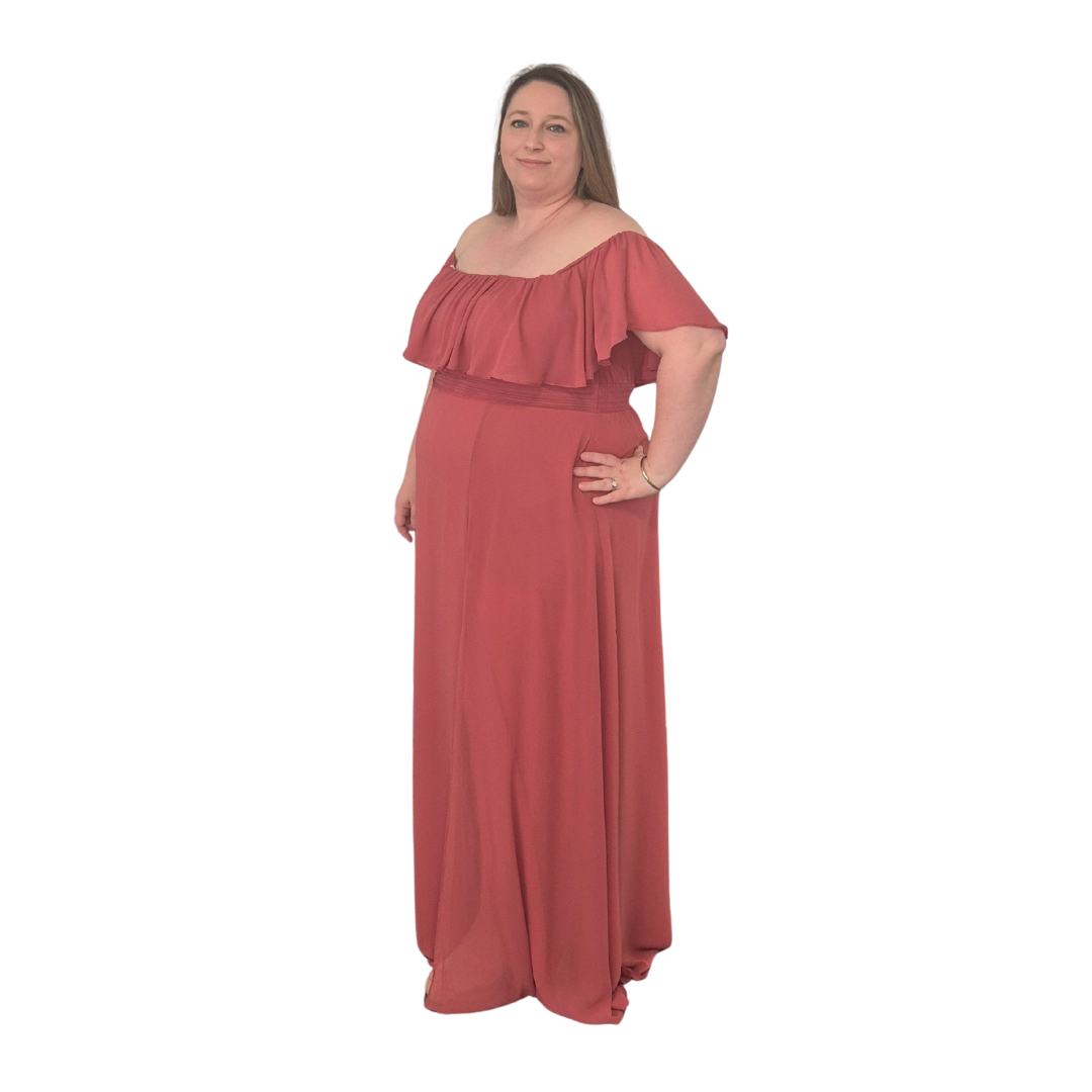 Teresa wearing our Adele dress in Cameo Brown colour in a size 24.
Dress it up or keep it casual for any event this season.