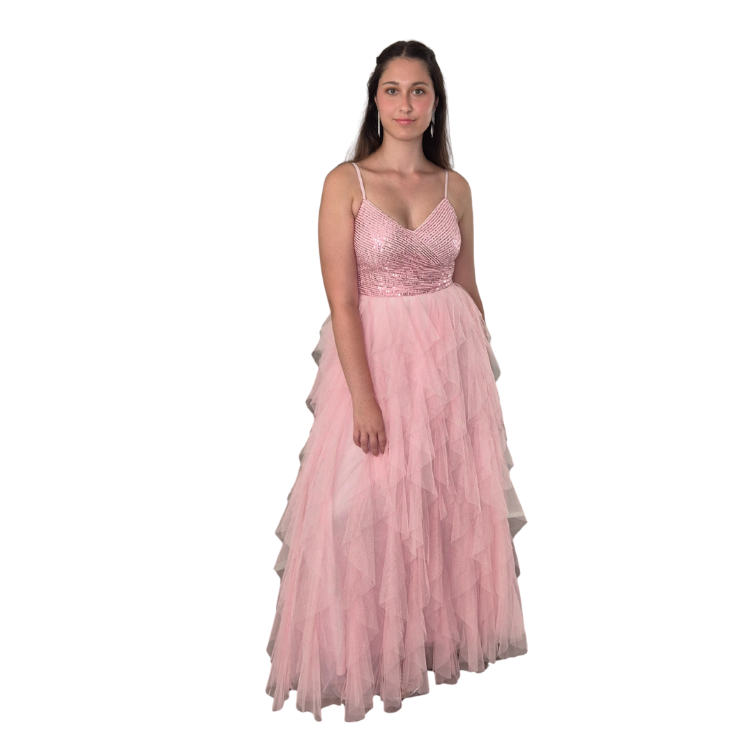 Sahara wearing the Glinda inspired dress. Stunning layers of soft tulle as the skirt part of the dress. Sequin top half with adjustable straps, zip up side. 