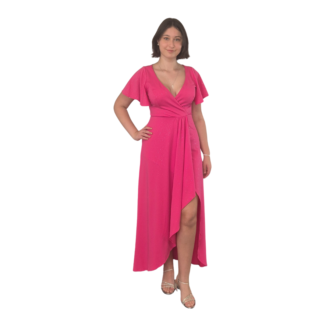 Sahara wearing the size 12. Elegant crossover front with butterfly sleeve. Pleated front opening panel. Hint of sparkle throughout the dress.